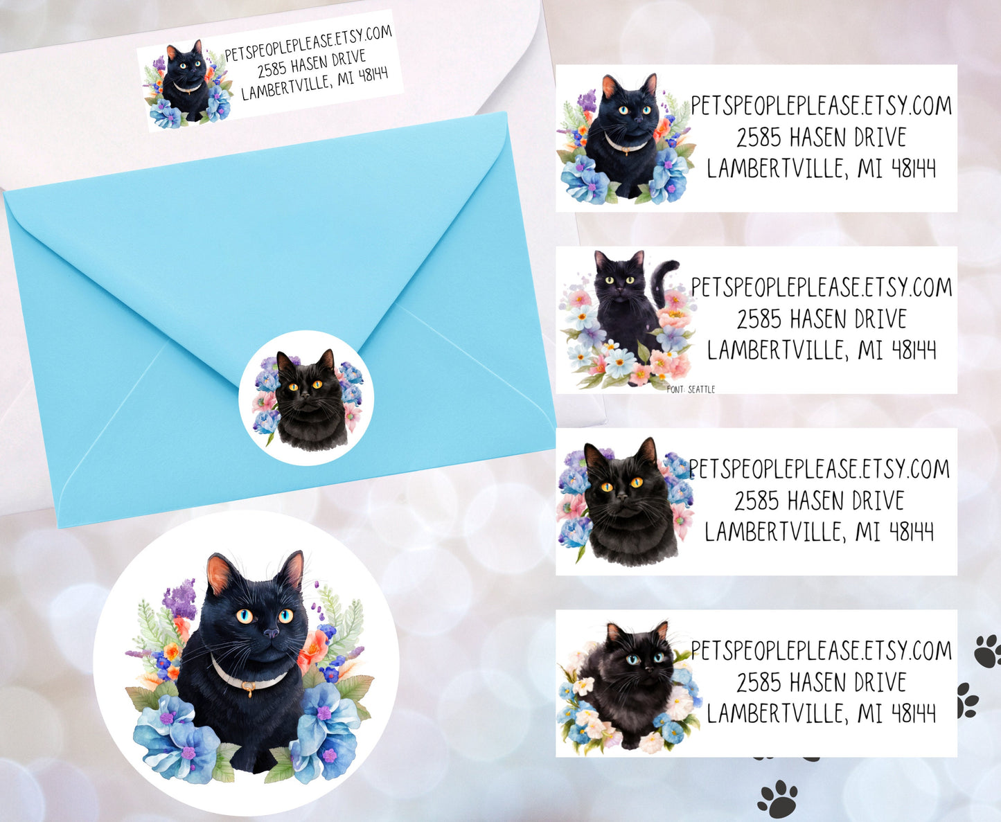 Black Cat Floral Return Address Labels, Cute Envelope Seal Stickers FREE, Printed Cat Labels for Snail Mail, Happy Mail, Pen Pals Gifts - The Pawprint Paperie