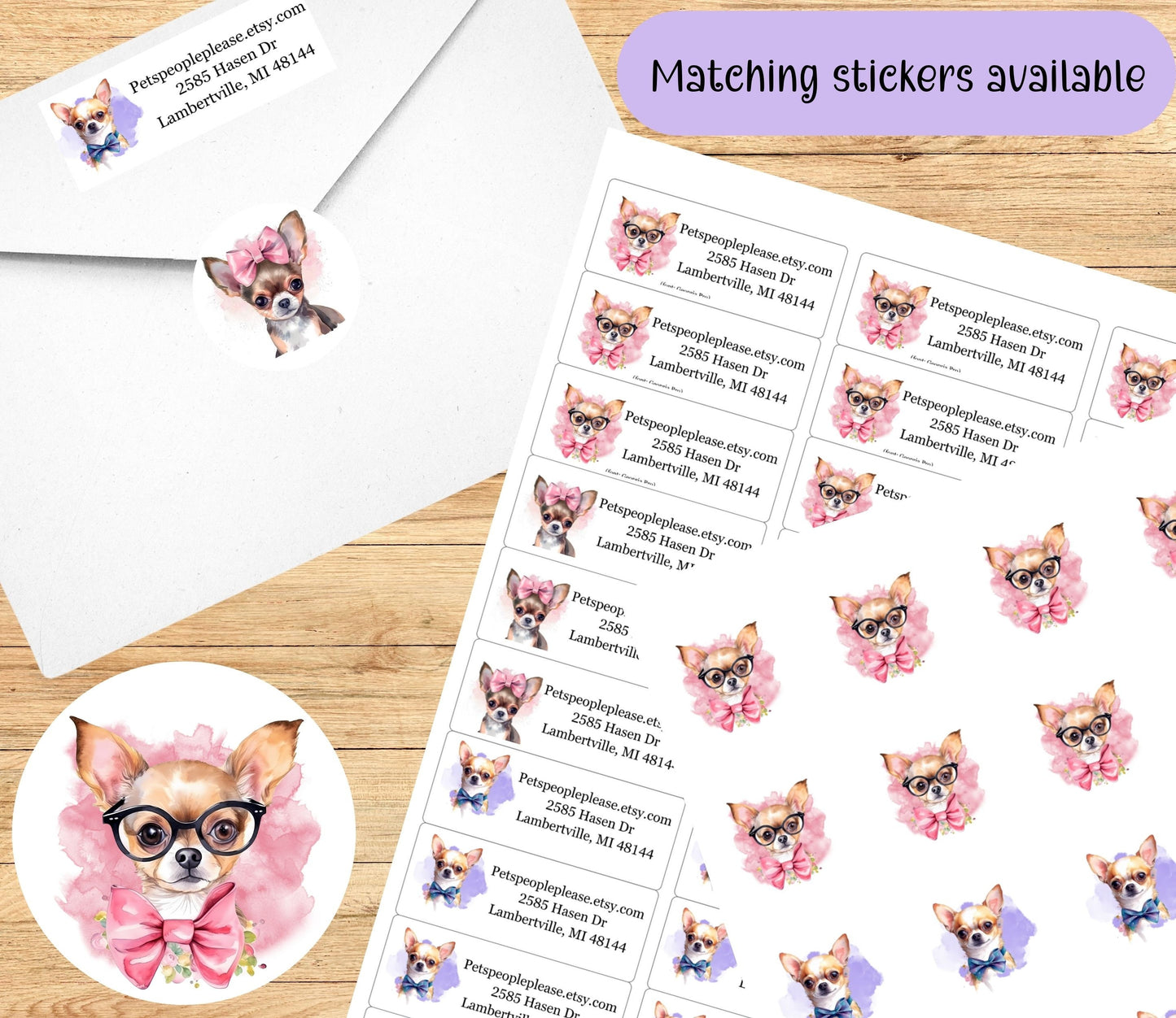 Pretty Chihuahua Dog Return Address Labels FREE Matching Stickers - Coquette Aesthetic Custom Personalized Snail Mail, Gift for Dog Lover - The Pawprint Paperie