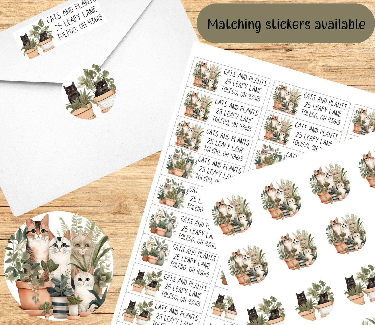 Cats and Plants Return Address Labels, Botanical Cat Envelope Stickers, FREE Bonus Seals, Cute Custom Mailing Label, Unique Cat Mom Gift - The Pawprint Paperie