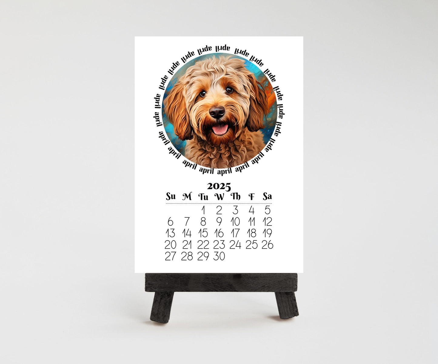 2026 mini monthly calendar optional wood stand, doodles. Small office desktop calendar. Stand up calendar. Dog mom or dad gift. Dog lovers - The Pawprint Paperie