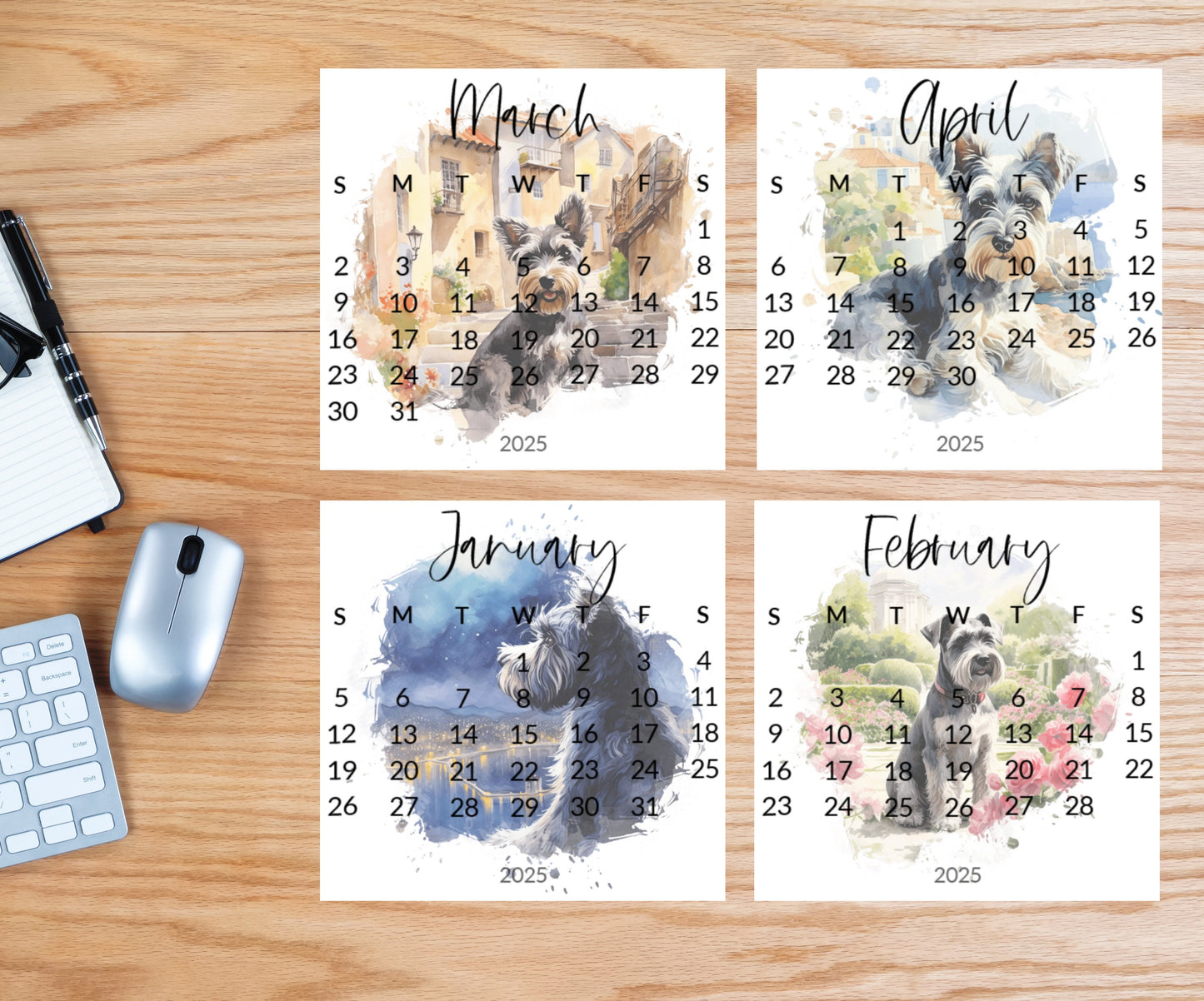 2026 Schnauzer Small desk mini calendar optional wood display stand - Small office desktop calendar - Unique Dog lovers - Pet parent gift - The Pawprint Paperie