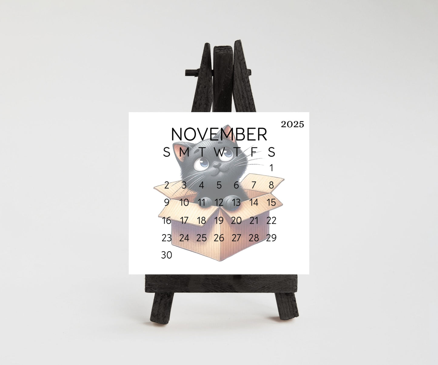 2026 Funny Black Cat Small Desk Calendar – Laminated 3.25" x 3" with Optional Wood Stand, Unique Cat Lover Gift, Cute Office Decor - The Pawprint Paperie