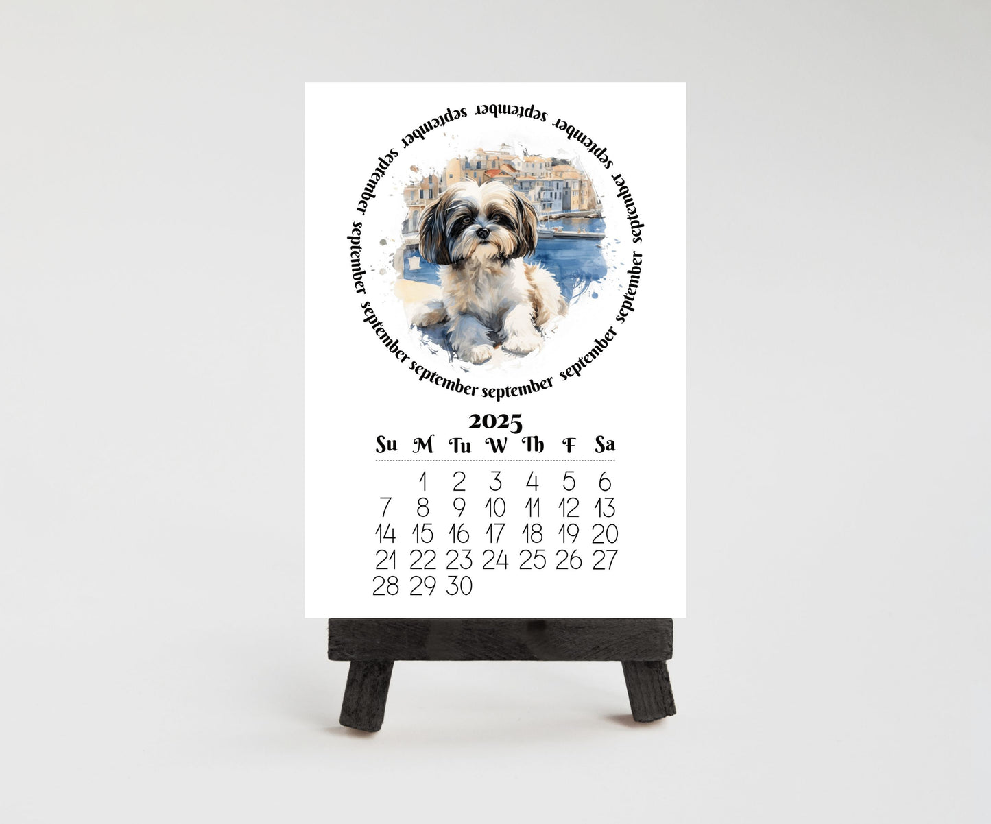 2026 Small Desk Calendar with optional Wood Stand-Shih Tzu | Lamination available | Mini Easel | Monthly calendar | Gift for dog mom or dad - The Pawprint Paperie