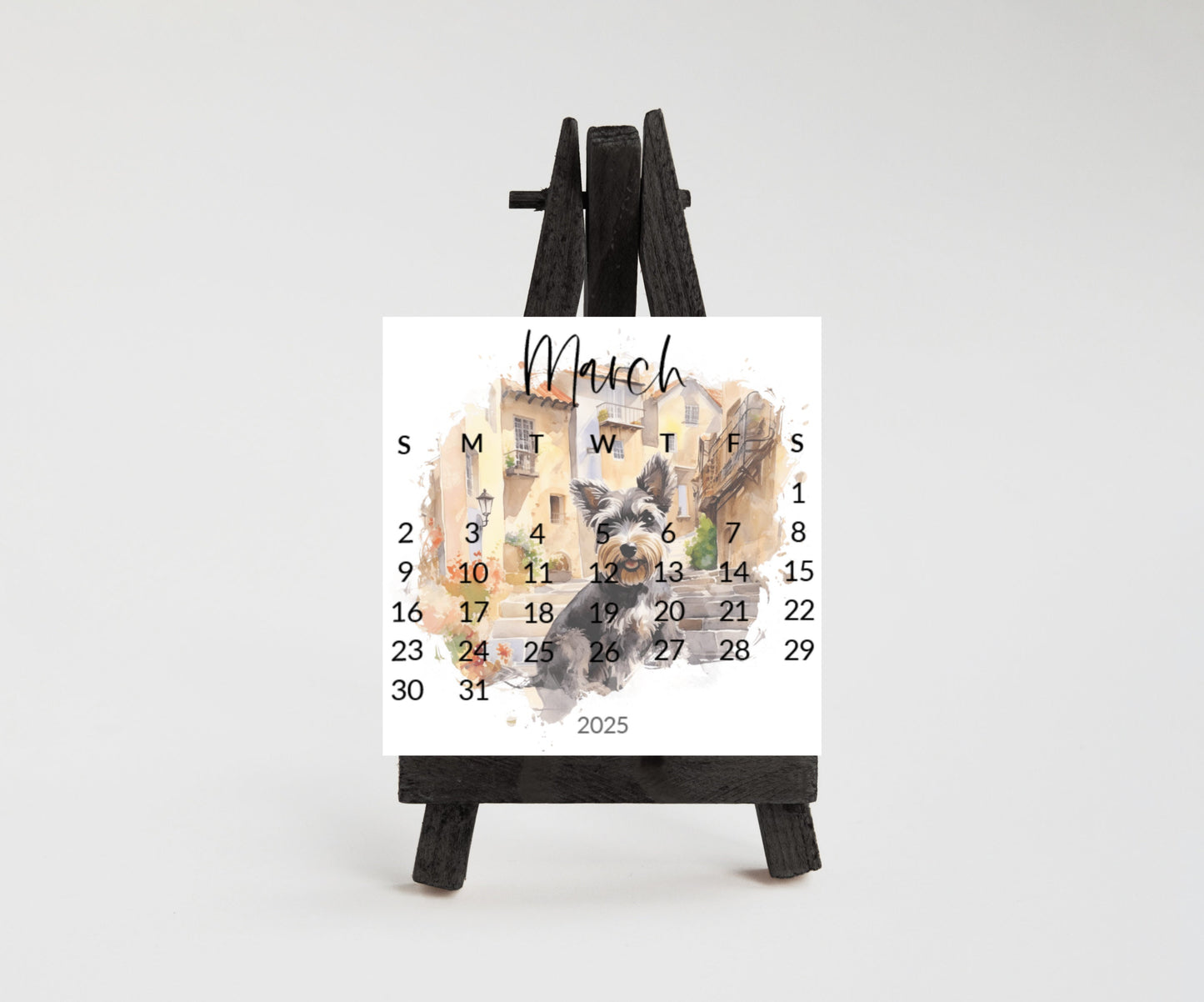 2026 Schnauzer Small desk mini calendar optional wood display stand - Small office desktop calendar - Unique Dog lovers - Pet parent gift - The Pawprint Paperie
