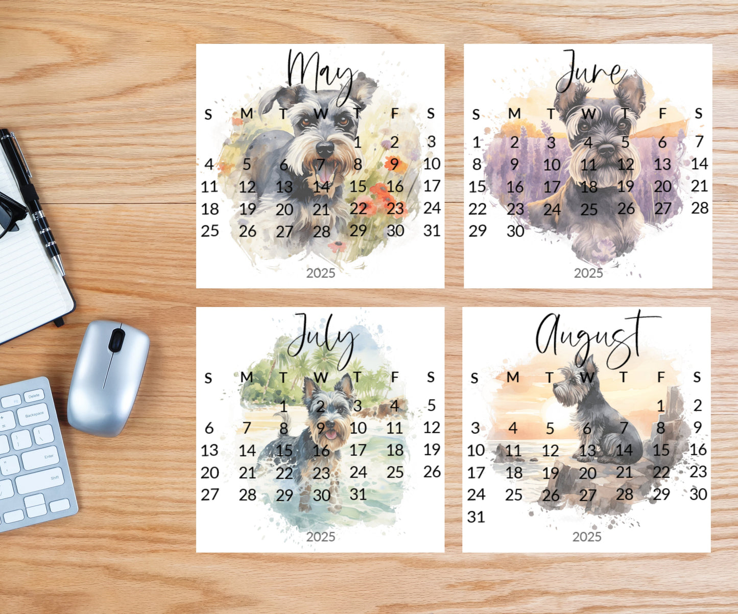 2026 Schnauzer Small desk mini calendar optional wood display stand - Small office desktop calendar - Unique Dog lovers - Pet parent gift - The Pawprint Paperie