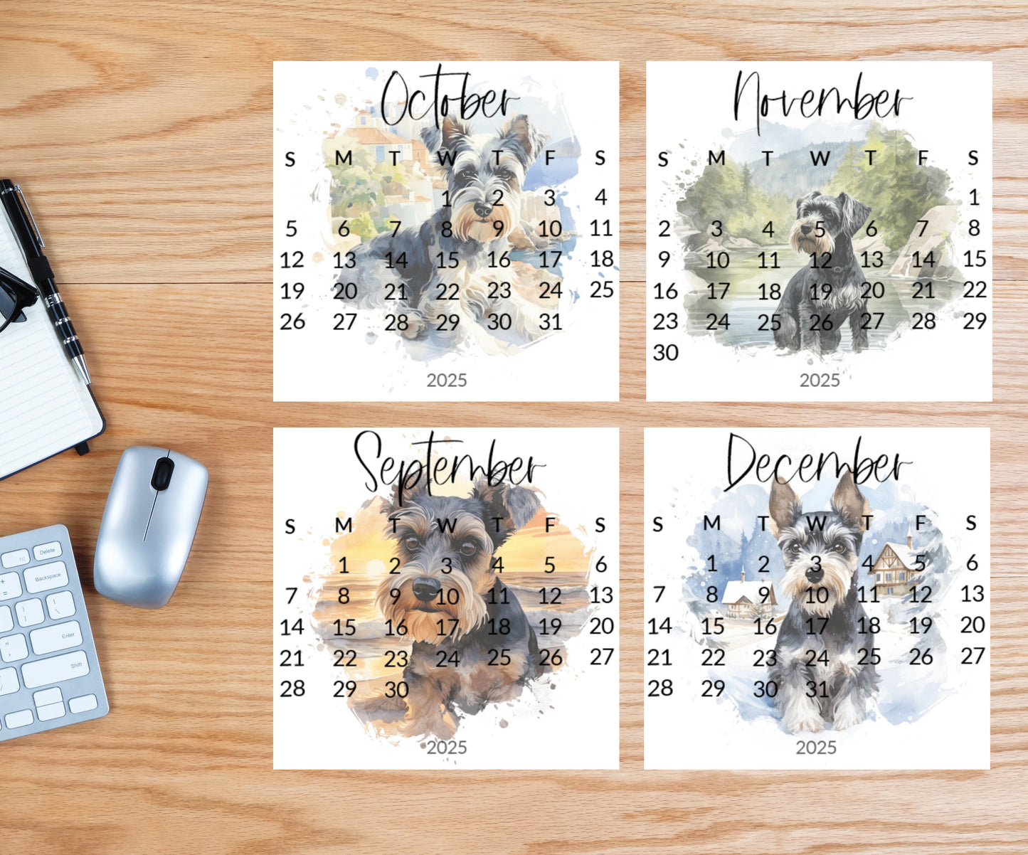 2026 Schnauzer Small desk mini calendar optional wood display stand - Small office desktop calendar - Unique Dog lovers - Pet parent gift - The Pawprint Paperie