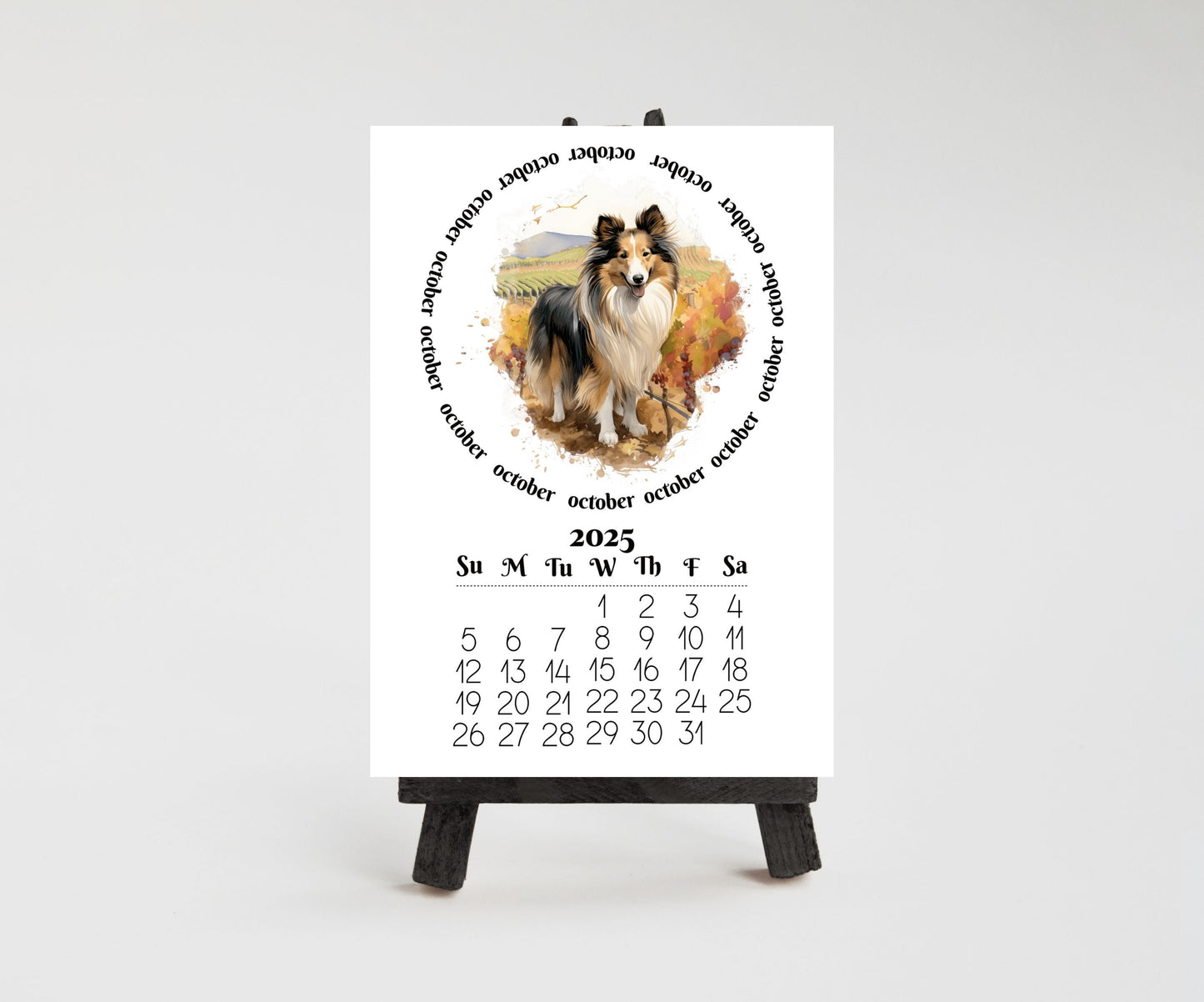 Small Desk Calendar for 2026 Sheltie - Desktop version optional wood mini easel display stand - Lamination available - Dog lovers Gift - The Pawprint Paperie