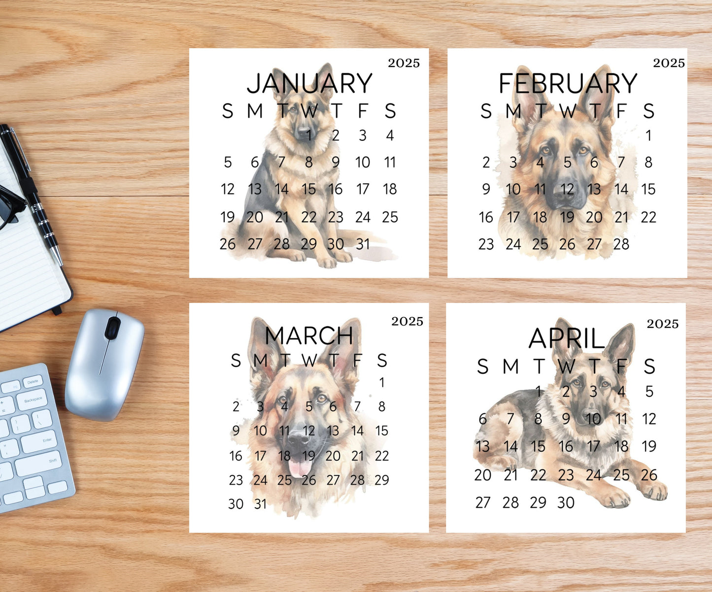 2026 Small Desk German Shephard Calendar, Optional wood display stand, police dog calendar, small office decor, gift for the Shepherd lover - The Pawprint Paperie