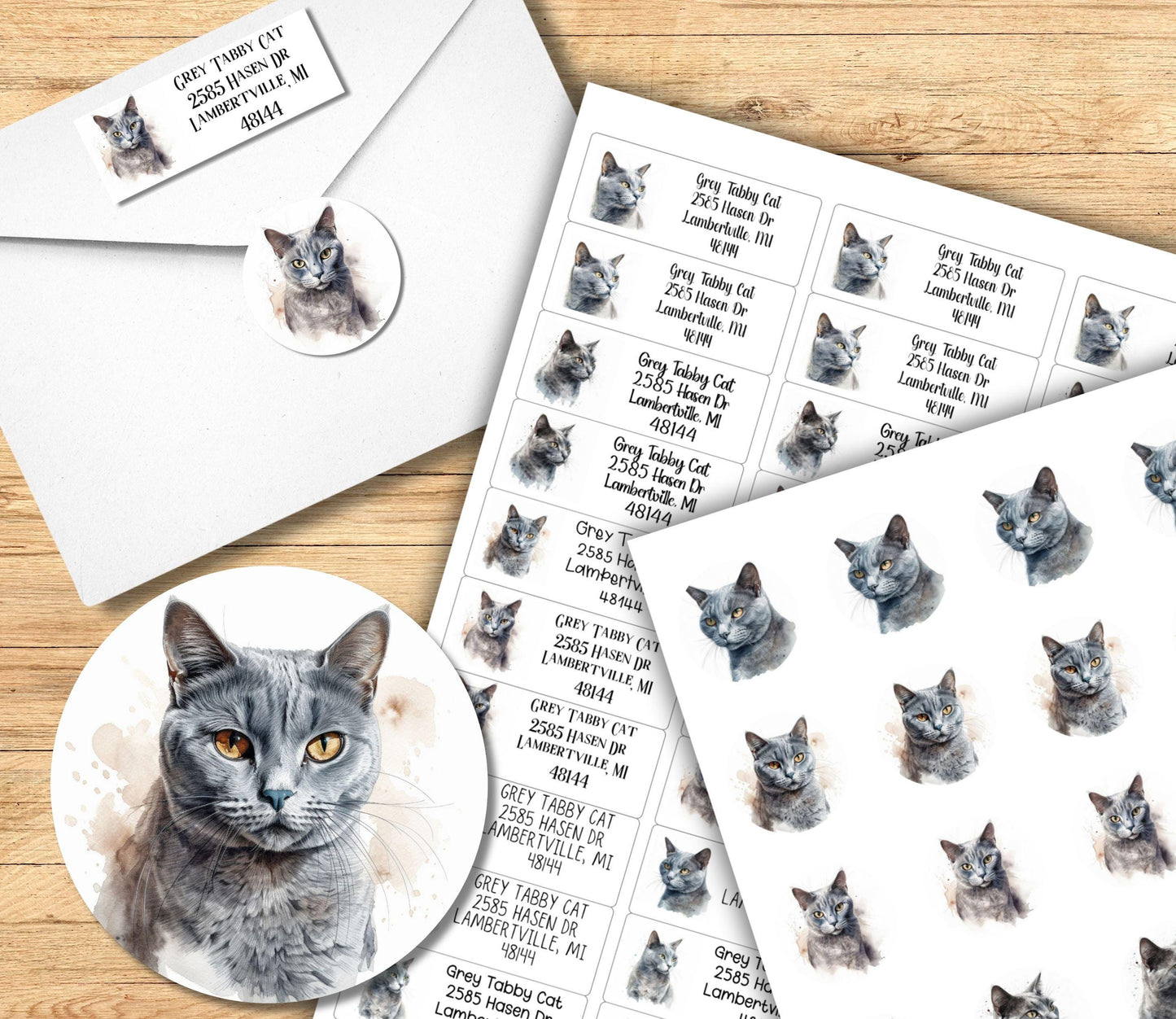 Grey Tabby Cat Return Address Labels – Custom Mailing Stickers with FREE Matching Envelope Seals – Cat Lover Gift, Cat Mom Stationery - The Pawprint Paperie