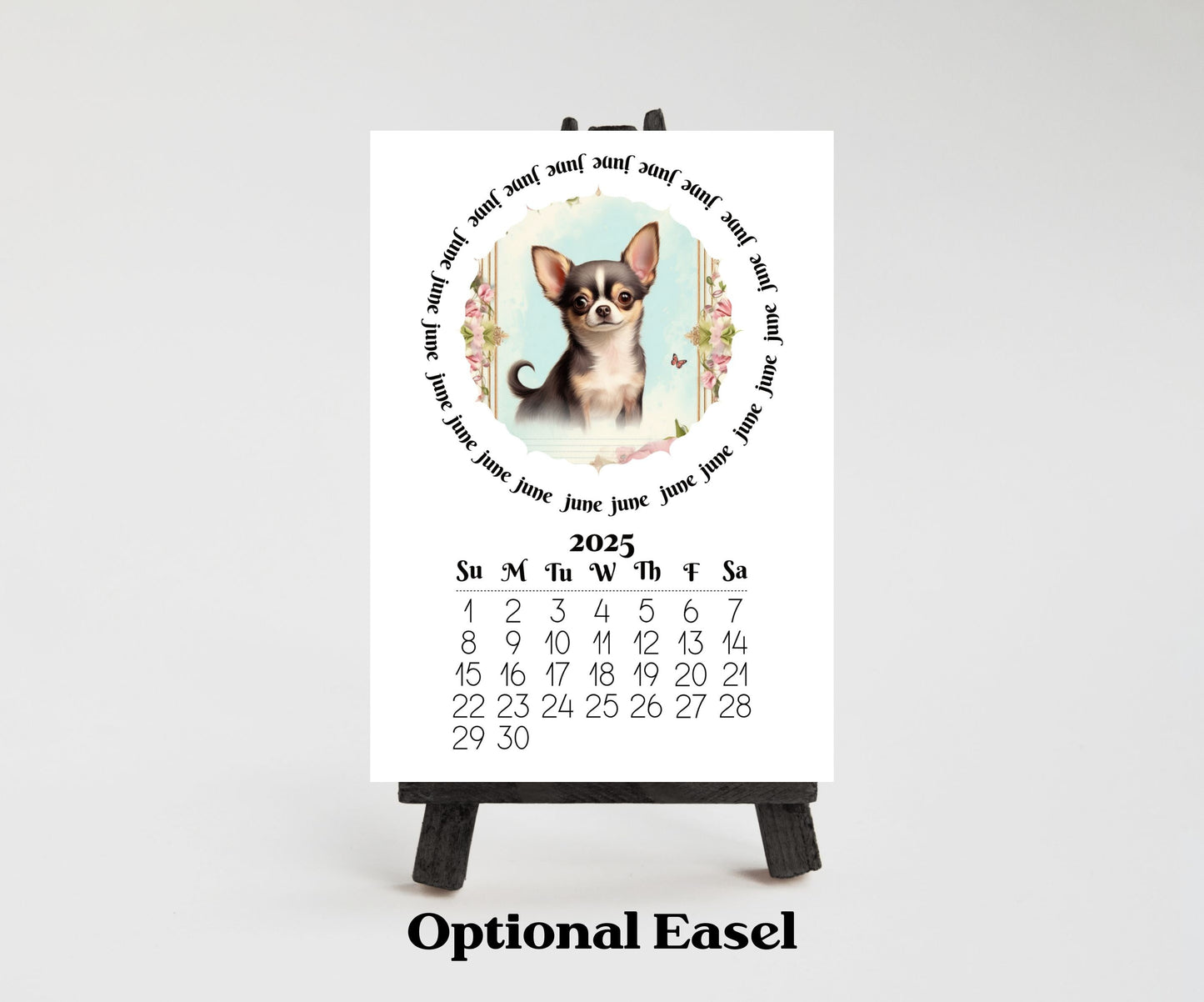Cute Chihuahua 2026 Small Desk Calendar, Wood Stand Available, Laminated Monthly Calendar - The Pawprint Paperie