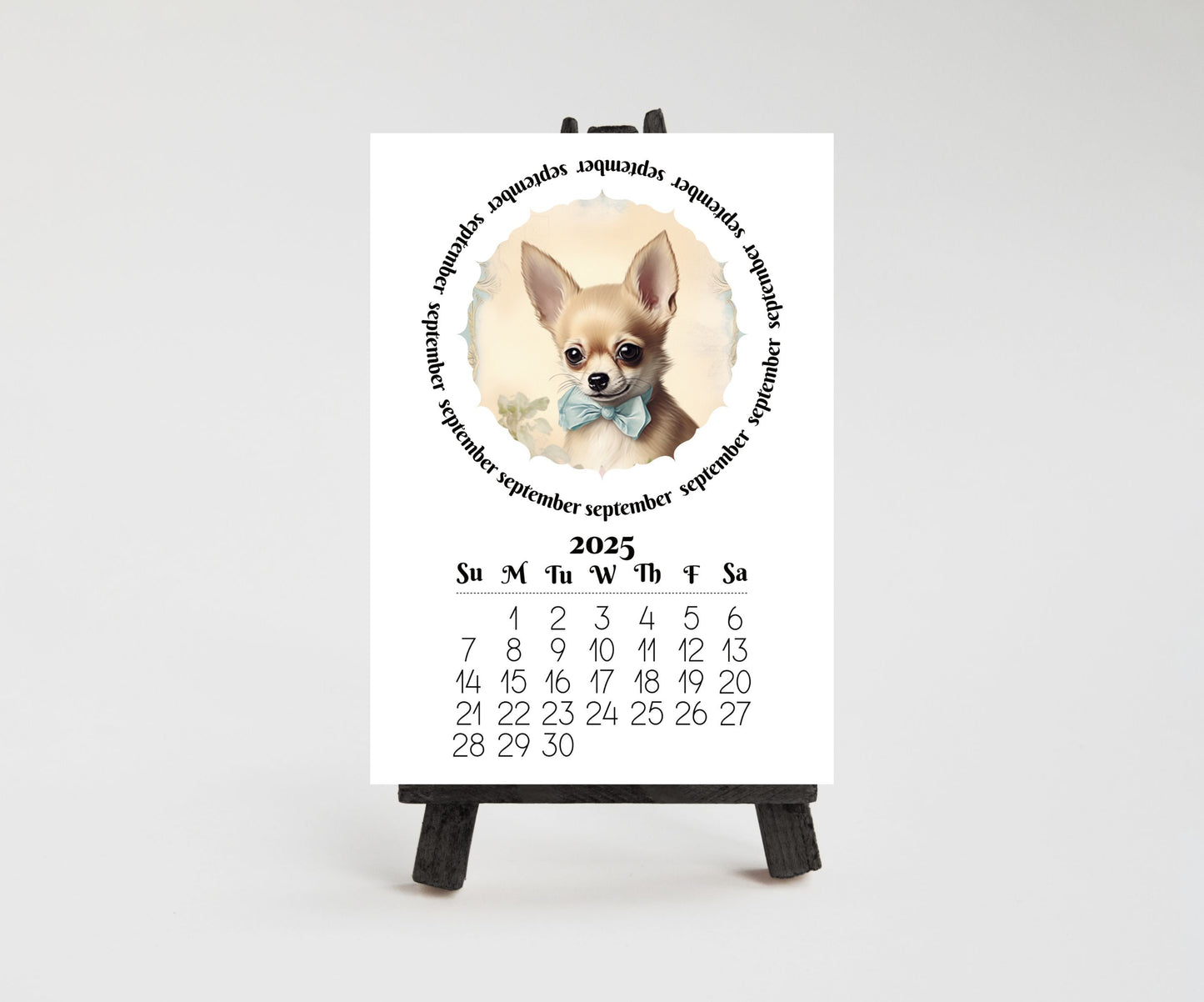 Cute Chihuahua 2026 Small Desk Calendar, Wood Stand Available, Laminated Monthly Calendar - The Pawprint Paperie
