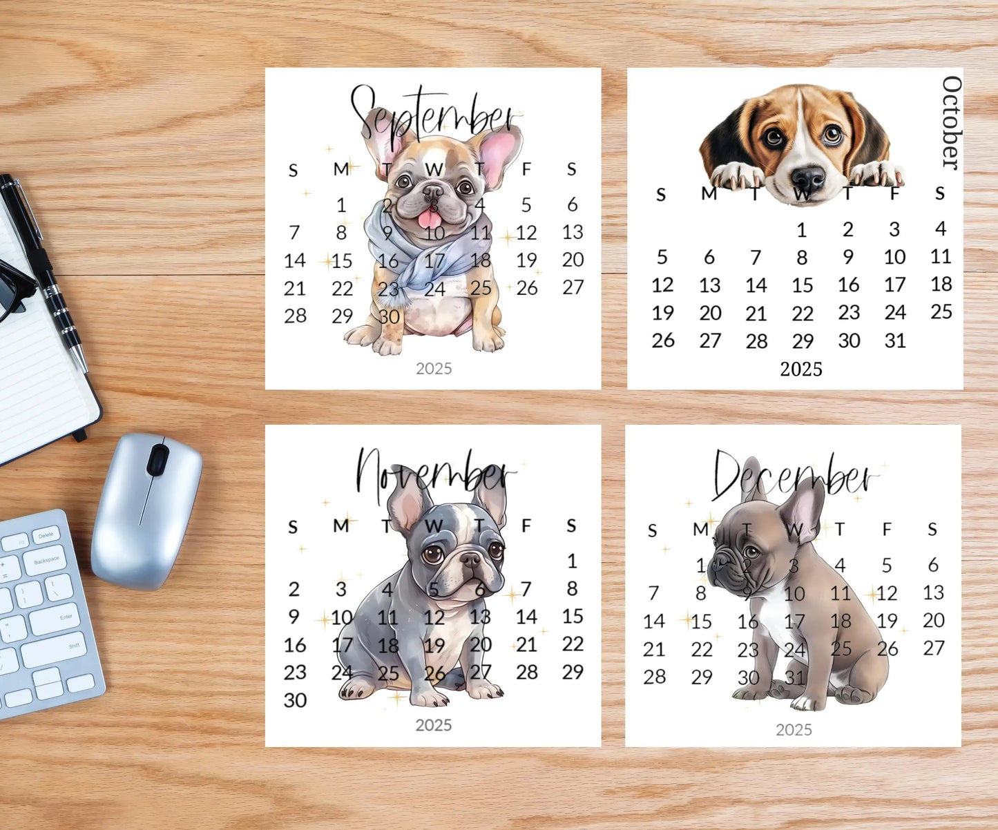 2026 French Bulldog Small Desk Space Monthly Calendar, Opt Wood Easel display Stand, Frenchie Mom Gift, Unique Dog Calendar, Monthly Card - The Pawprint Paperie