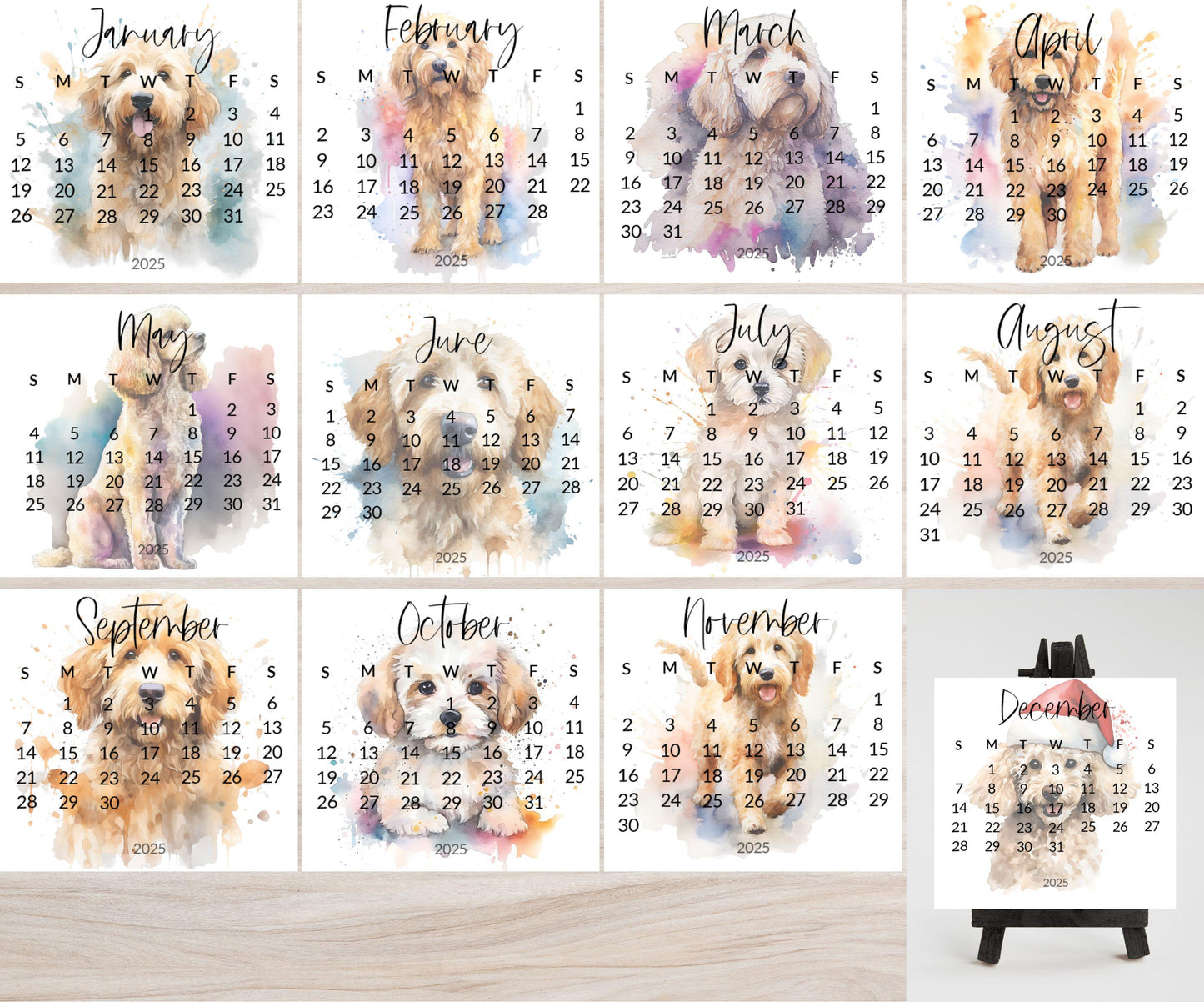 2026 Doodle Dog Mini Desk Calendar: Cockapoo, Labradoodle Optional Easel Stand - The Pawprint Paperie