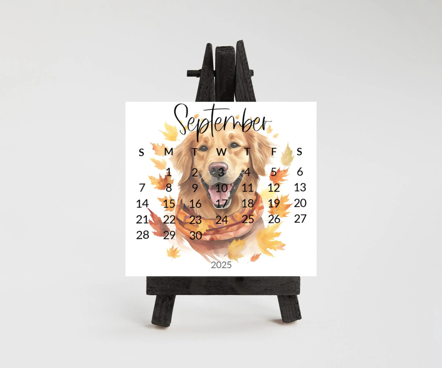 2026 Golden Retriever calendar for small desk - stand up mini calendar wood stand optional-desktop-Dog lover, coworker - The Pawprint Paperie