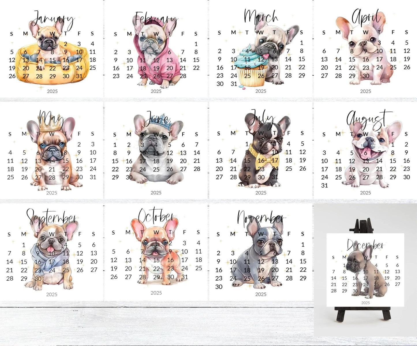 2026 French Bulldog Small Desk Space Monthly Calendar, Opt Wood Easel display Stand, Frenchie Mom Gift, Unique Dog Calendar, Monthly Card - The Pawprint Paperie