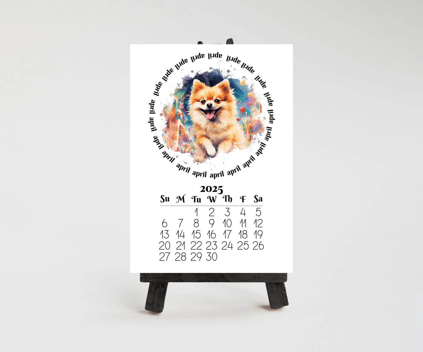 2026 Fawn Pomeranian Mini Calendar with Optional Wood display stand, Laminated, Mini Easel, Monthly, Small Desk space, Gift for dog mom/dad - The Pawprint Paperie