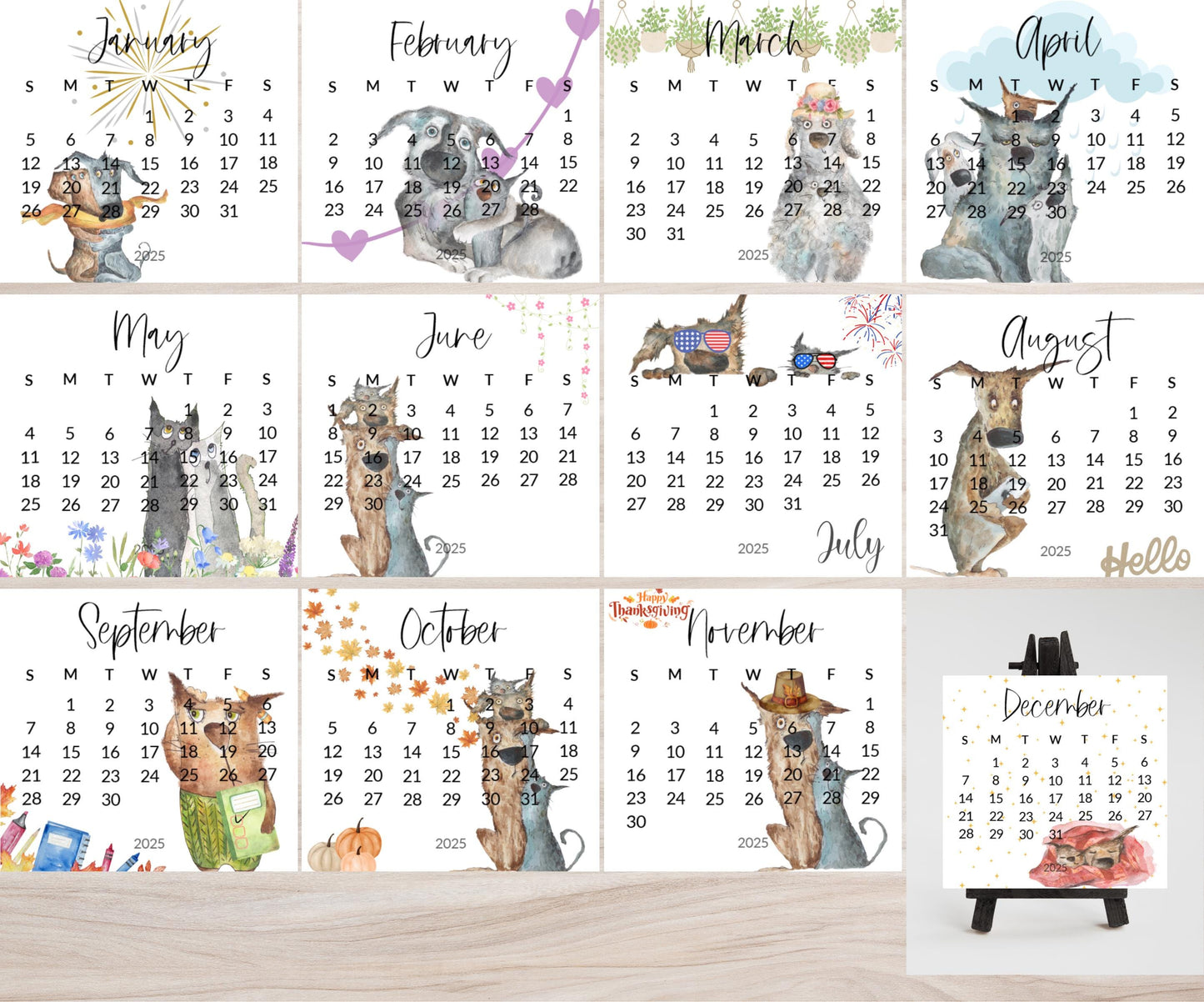Silly dog small desk 2026 Calendar - Stand up mini calendar desktop or tabletop - small space calendar optional wood display stand/easel - The Pawprint Paperie