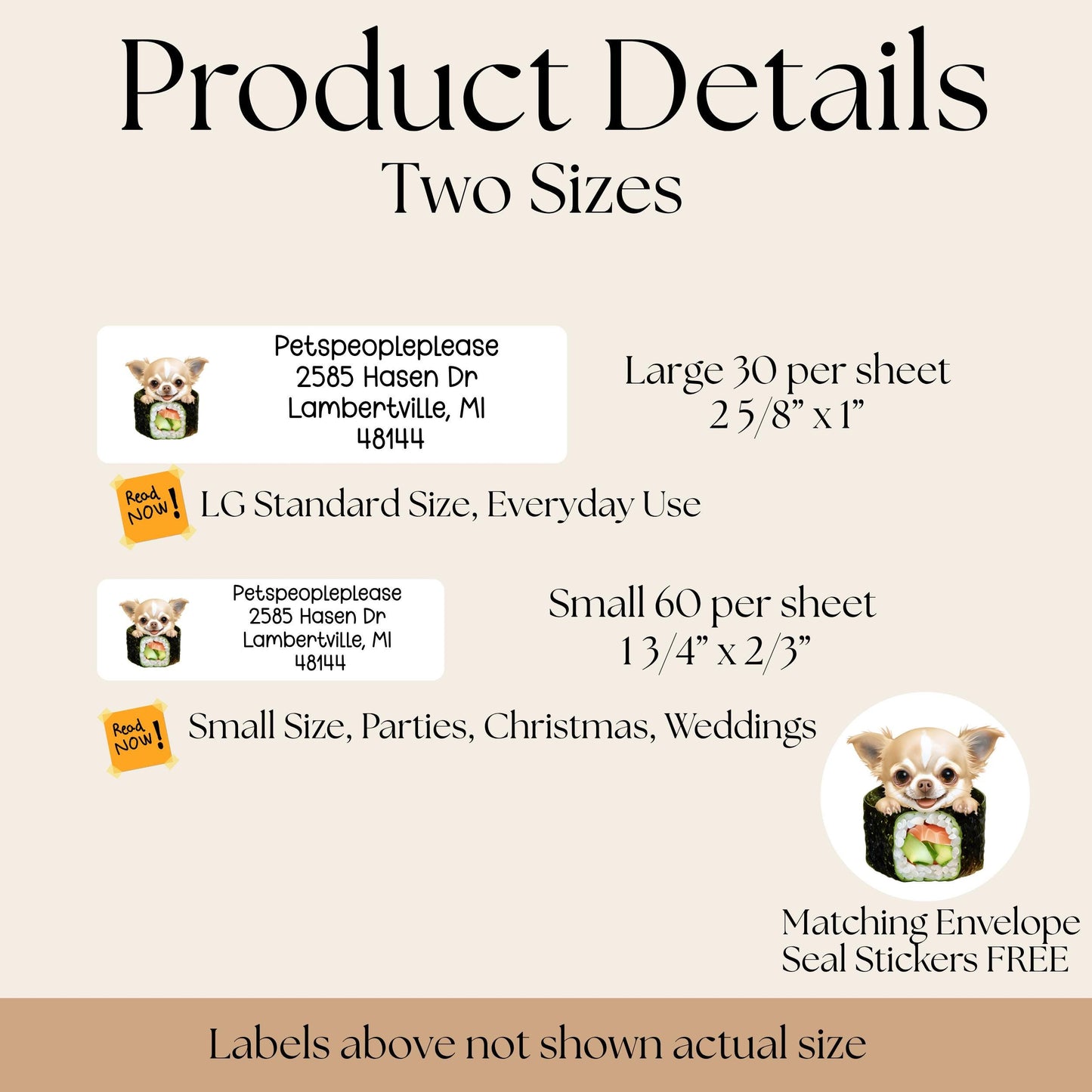 Chihuahua Return Address Label & Envelope Seal Sticker Set, Funny Personalized Chihuahua mom gift, Sushi Lover Dog Labels, FREE Stickers - The Pawprint Paperie