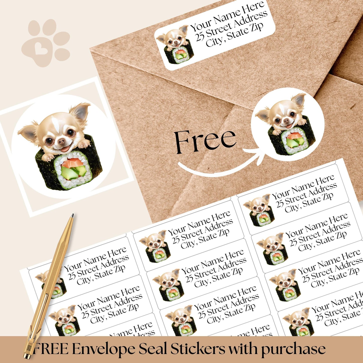Chihuahua Return Address Label & Envelope Seal Sticker Set, Funny Personalized Chihuahua mom gift, Sushi Lover Dog Labels, FREE Stickers - The Pawprint Paperie