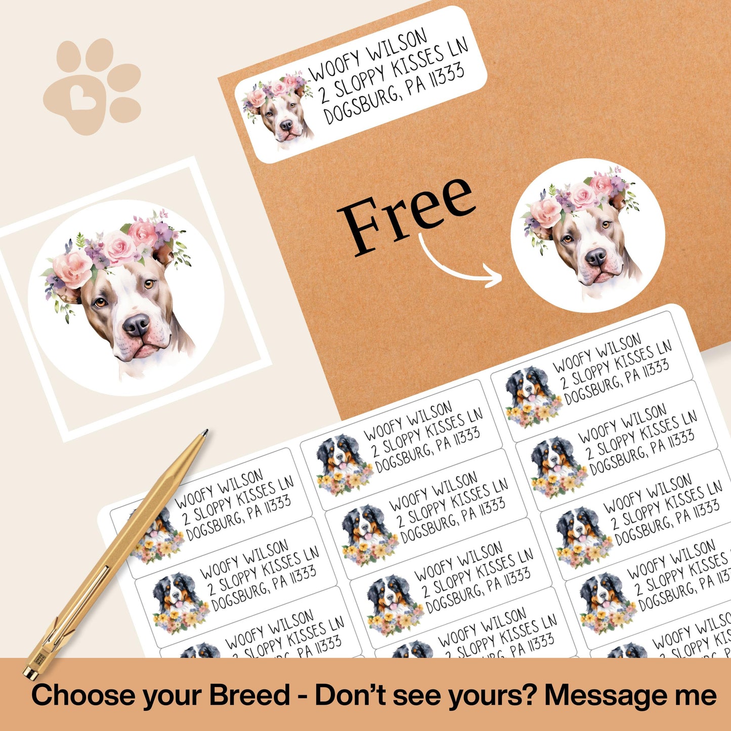 Custom Dog Address Labels FREE Matching Stickers, Personalized Breed & Font. Frenchie, Lab, Pug, Husky, Boston, Golden, Schnauzer, Yorkie - The Pawprint Paperie