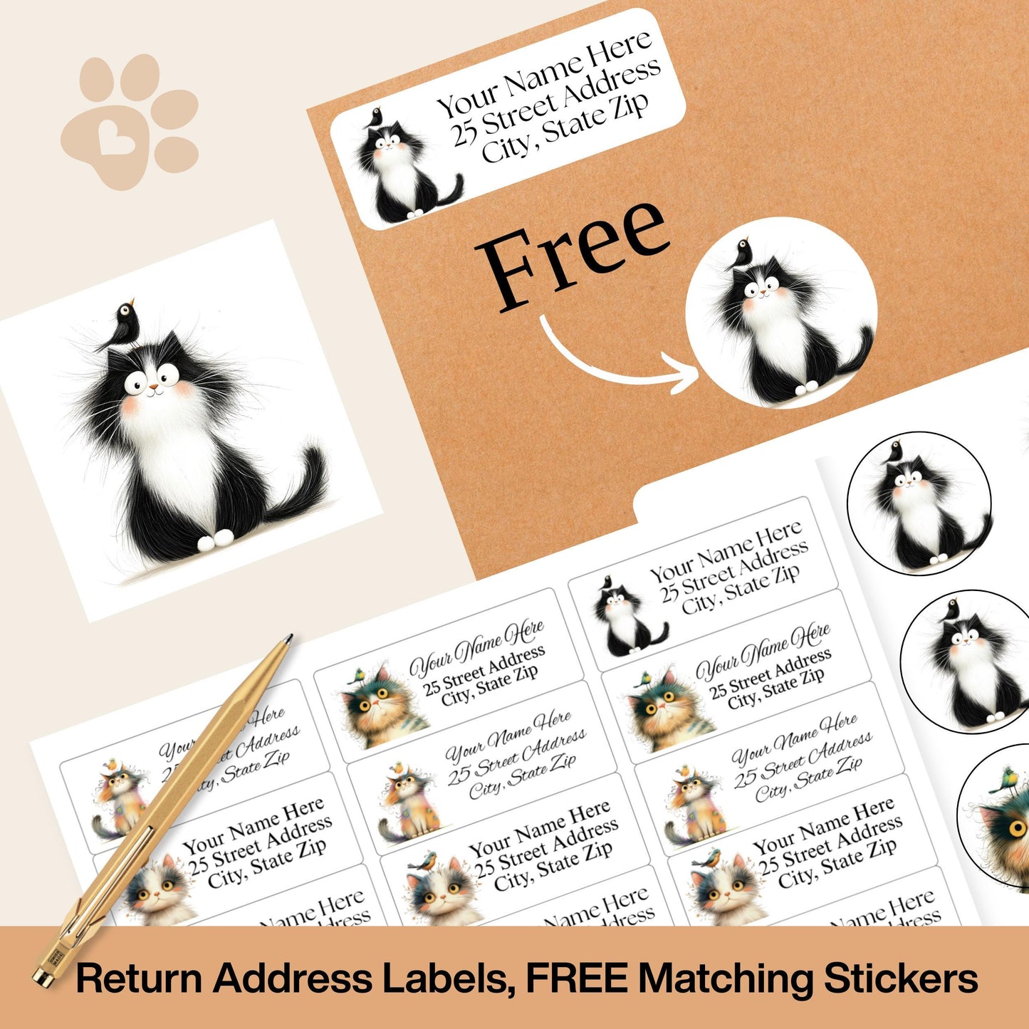 Funny Cat & Birds Return Address Labels with FREE Stickers - The Pawprint Paperie
