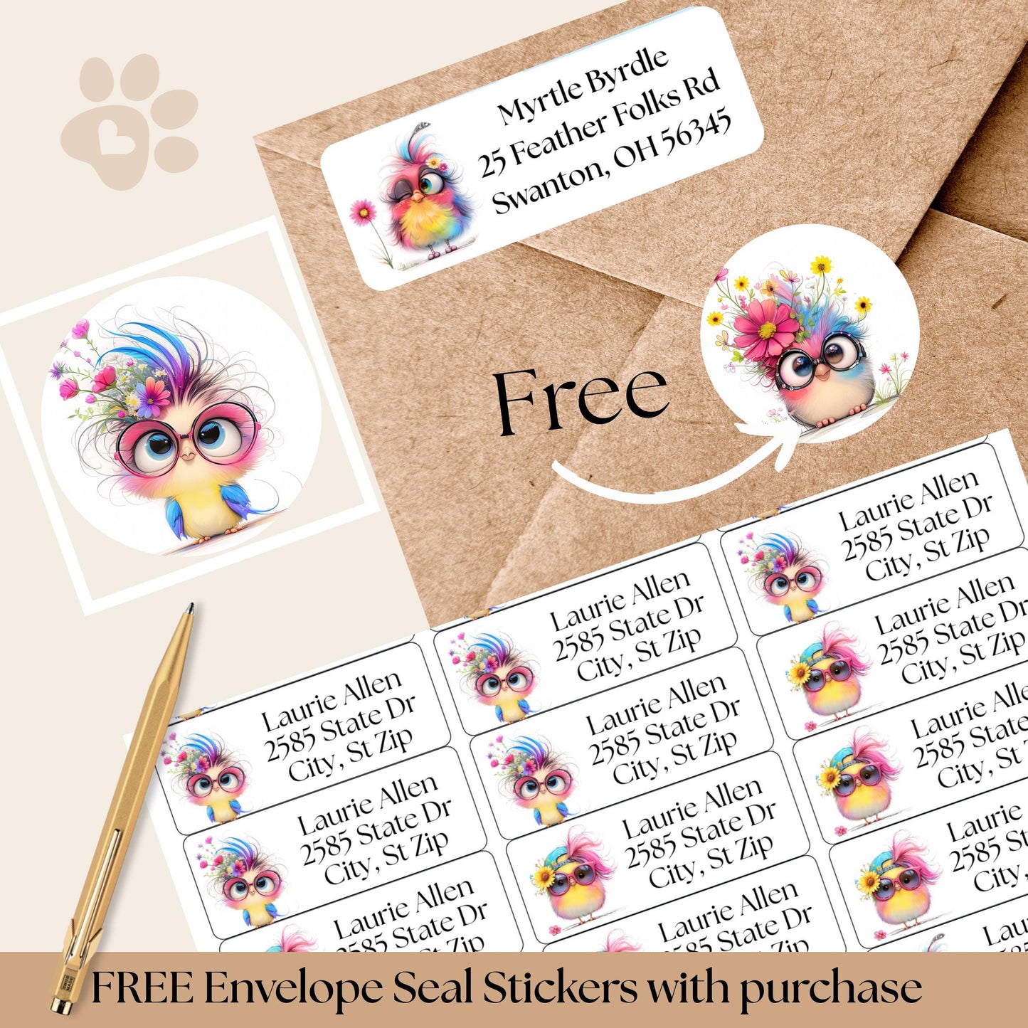 Colorful Bird Address Labels with FREE Envelope Seal Stickers, Cute Round Sticker Sheets, Whimsical Stationery Gift for Bird Lovers, Quirky - The Pawprint Paperie