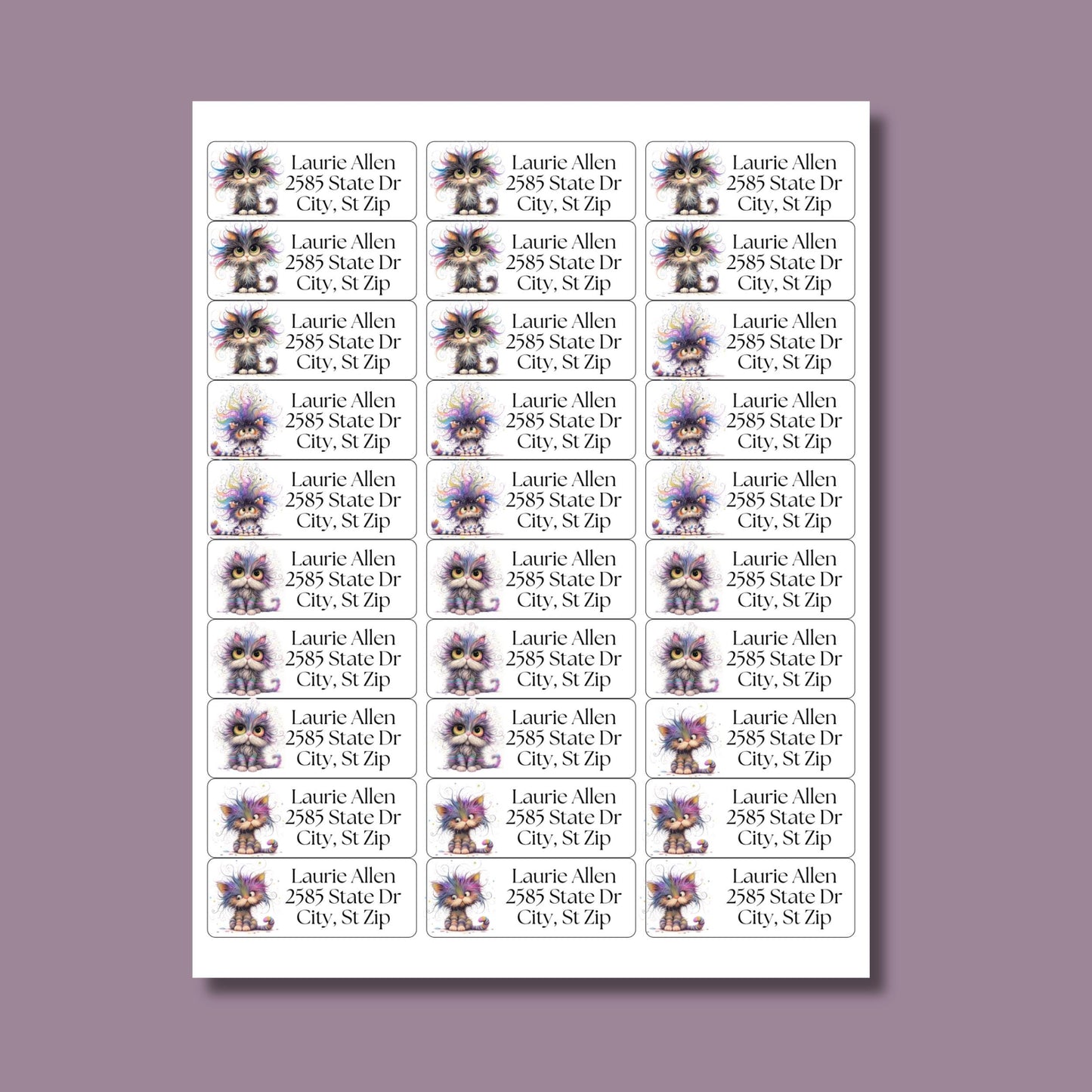 Funny Rainbow Cat Return Address Labels with FREE Envelope Seals - The Pawprint Paperie