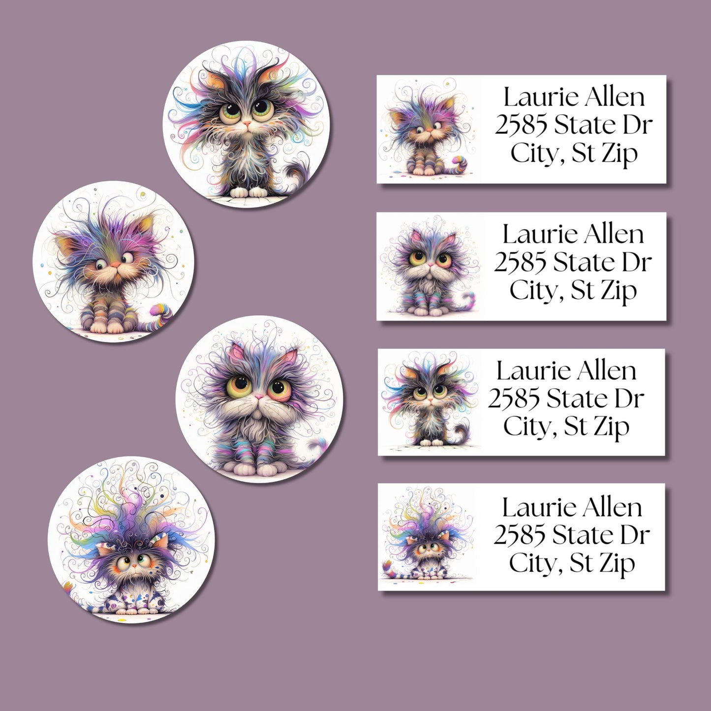 Funny Rainbow Cat Return Address Labels with FREE Envelope Seals - The Pawprint Paperie