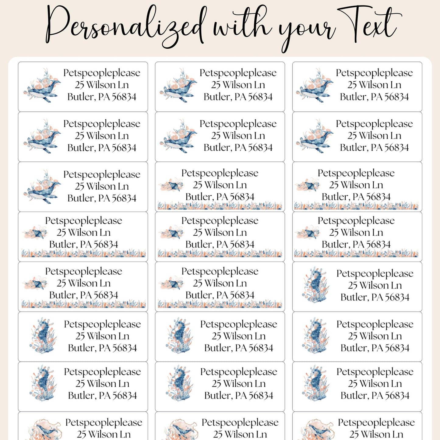 Underwater Ocean Address Labels with FREE Seal Stickers, Watercolor Coastal Sea Life , Nautical Envelope Labels, Beachy Mail Supplies, Whale - The Pawprint Paperie