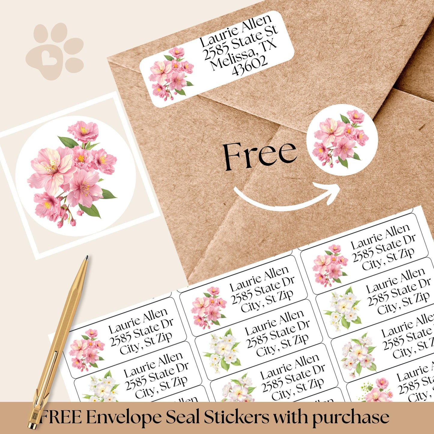 Cherry Blossom Return Address Labels, FREE Envelope Seal Stickers, Custom Pink Labels, Floral Happy Mail sheet, Snail Mail Gift, Pen Pal - The Pawprint Paperie