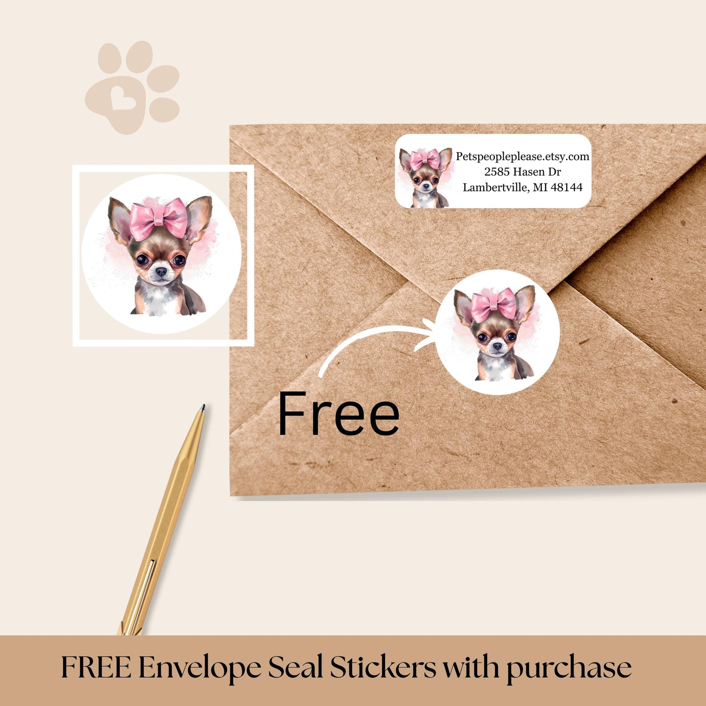 Pretty Chihuahua Dog Return Address Labels FREE Matching Stickers - Coquette Aesthetic Custom Personalized Snail Mail, Gift for Dog Lover - The Pawprint Paperie