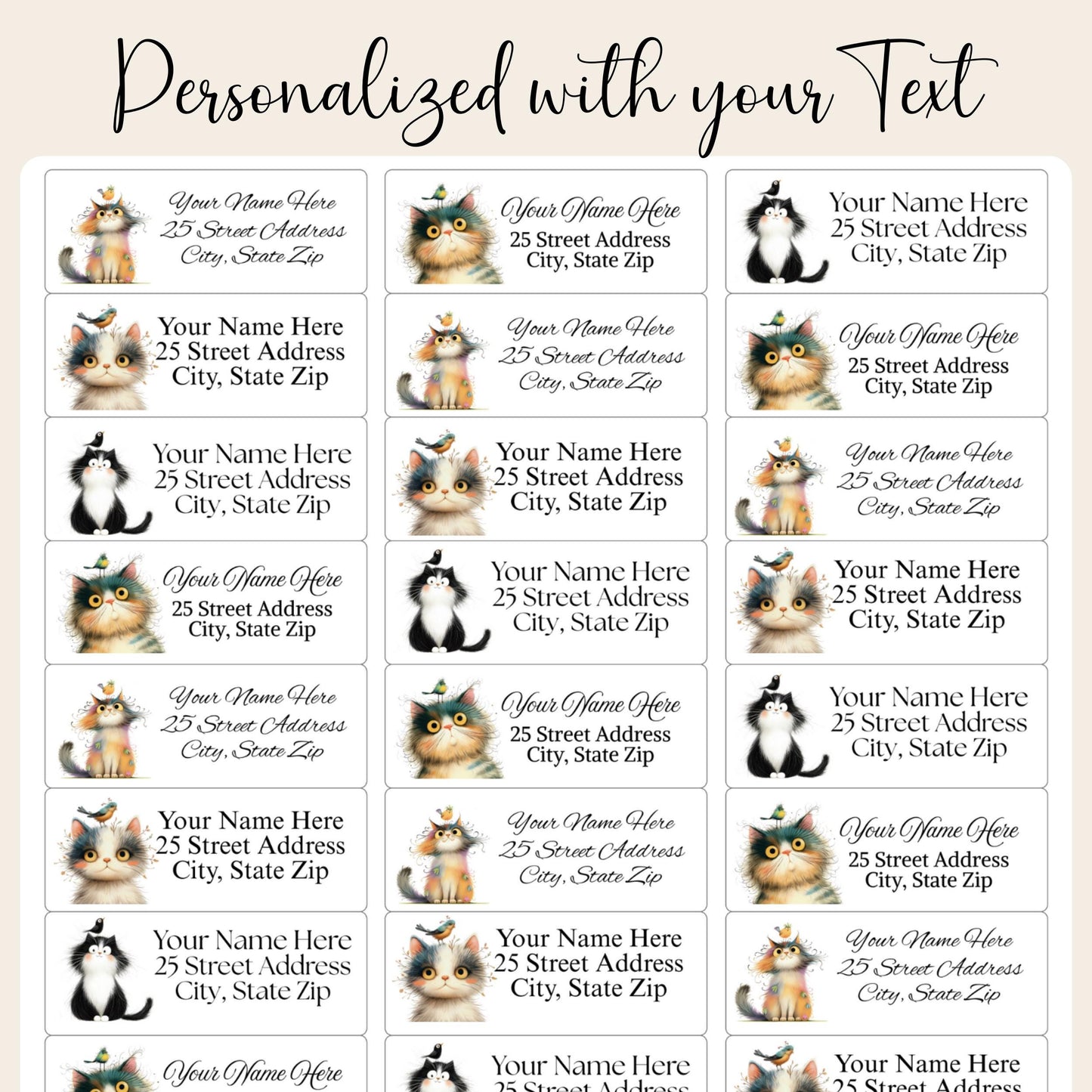 Funny Cat & Birds Return Address Labels with FREE Stickers - The Pawprint Paperie