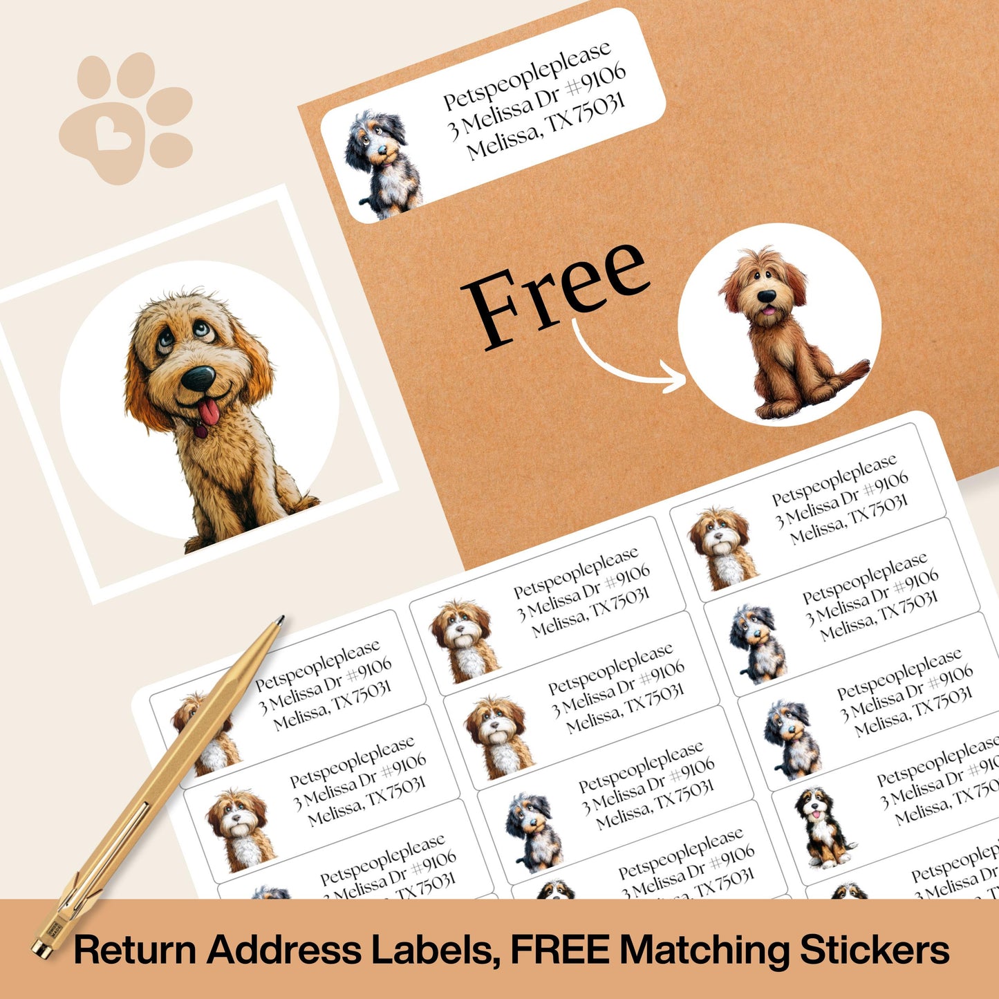 Doodle Dog Address Labels, Funny Return Stickers for Dog Lovers, Custom Mailing Labels with FREE Envelope Seals, Printed for You, Golden - The Pawprint Paperie
