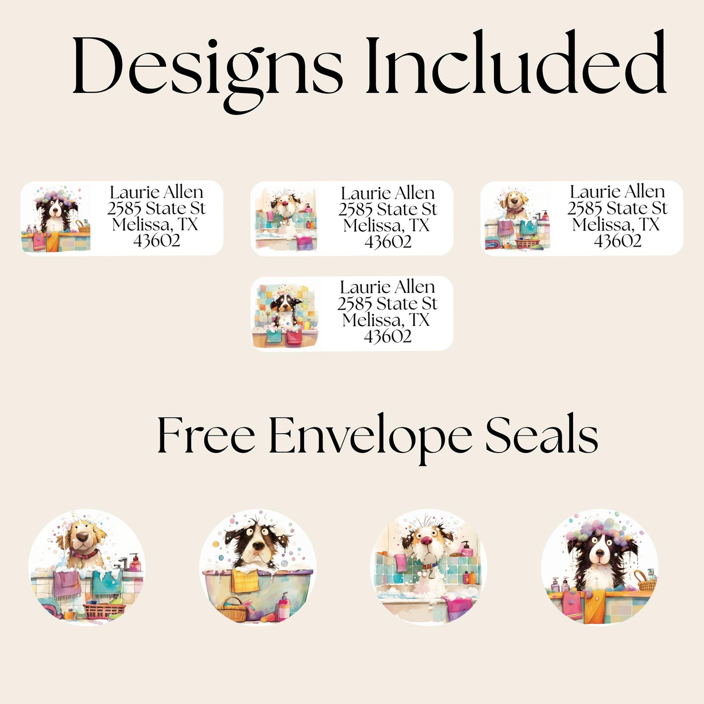 Cute Dog Address Labels, Custom Return Stickers with FREE Matching Envelope Seals, Bath Time Pup Design, Fun Mailing Supplies, Pet Mom Gift - The Pawprint Paperie