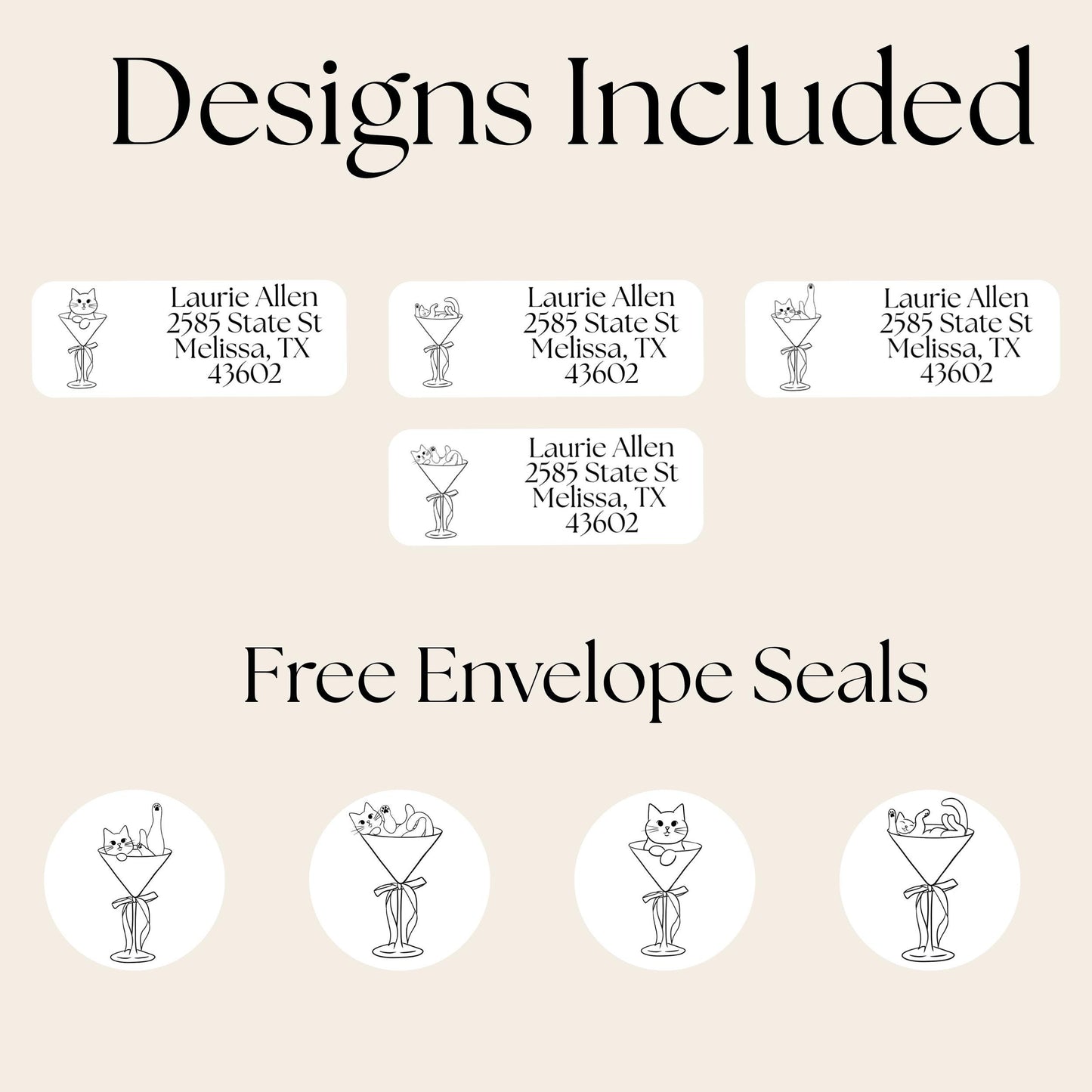 Cats in Martini Glass Address Labels, FREE Matching Stickers, Fun Return Mailing Labels for Cat Lovers, Cute Envelope Seals, Meow-tini Mail - The Pawprint Paperie