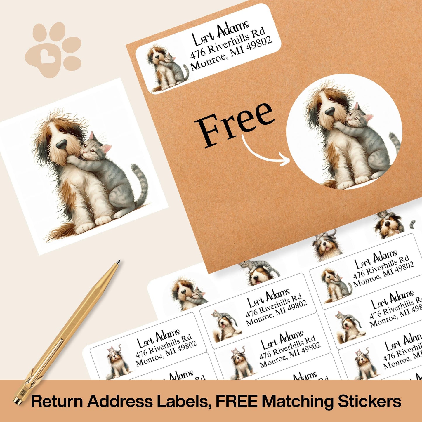 Funny Cat & Dog Return Address Label, Quirky Animal friend, FREE Matching Envelope Sticker, Custom Pet Mailing Labels, Dog Moms, Cat Lovers - The Pawprint Paperie