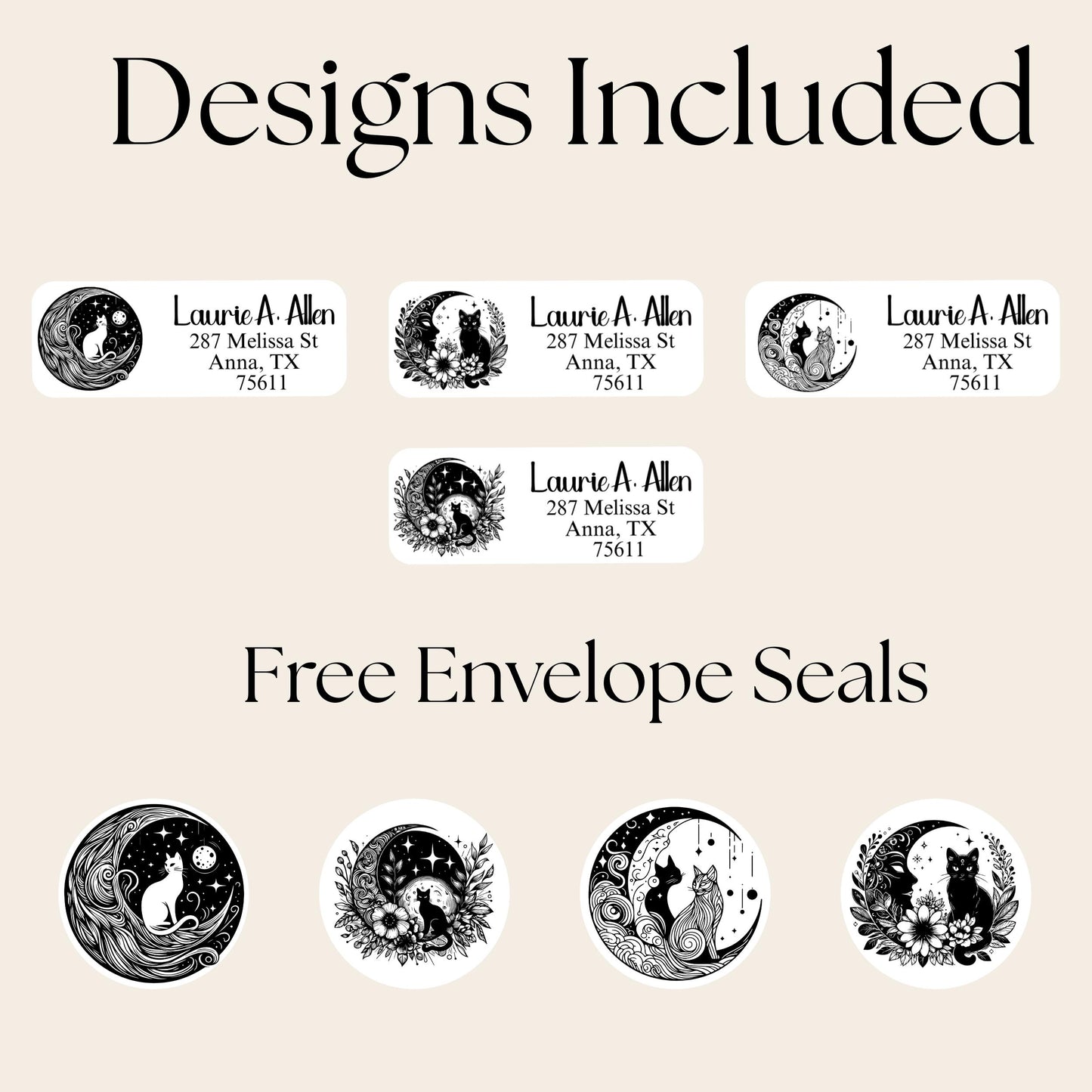 Mystical Cat Return Address Labels: Celestial Moon Design with FREE Seal Stickers - The Pawprint Paperie