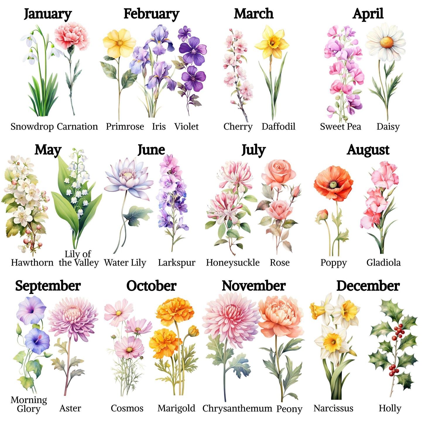 Birth Flower Address Labels with Floral Envelope Seals: Botanical Stickers - The Pawprint Paperie