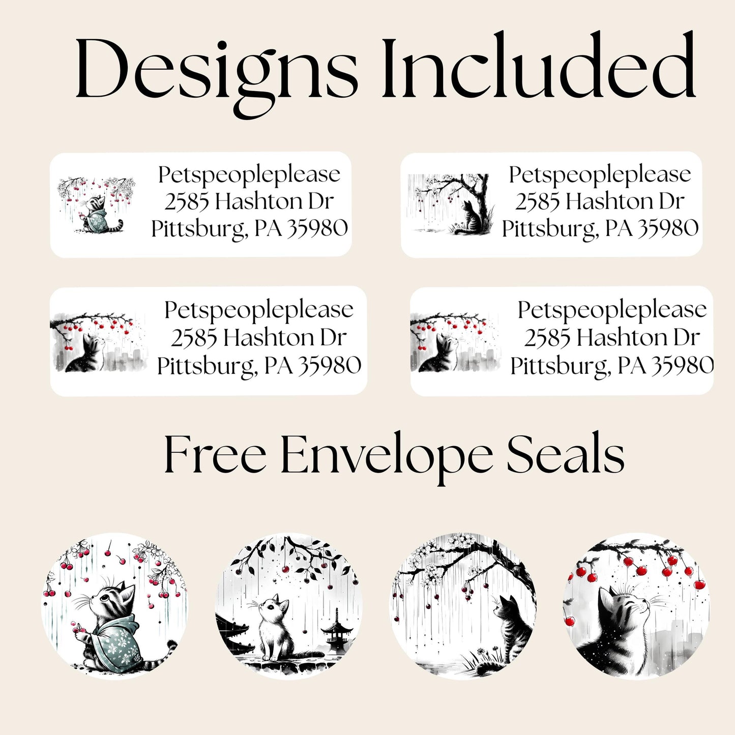 Sakura Asian Cat Art Return Address Labels: Cherry Blossom Mailing Stickers - The Pawprint Paperie