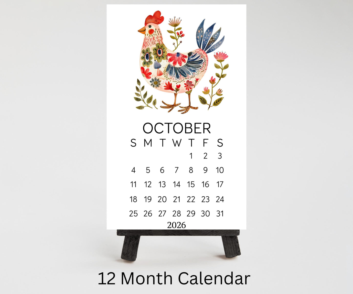 Folk Art Chicken 2026 Mini Calendar: Farmhouse Desk Decor (Optional Stand Available) - The Pawprint Paperie