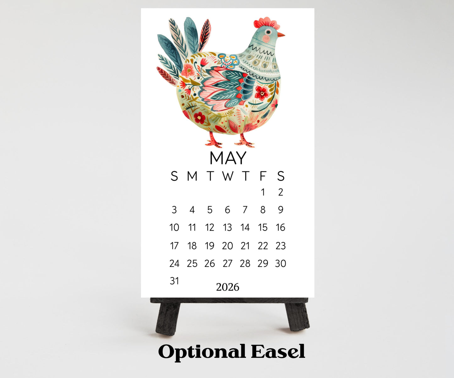 Folk Art Chicken 2026 Mini Calendar: Farmhouse Desk Decor (Optional Stand Available) - The Pawprint Paperie