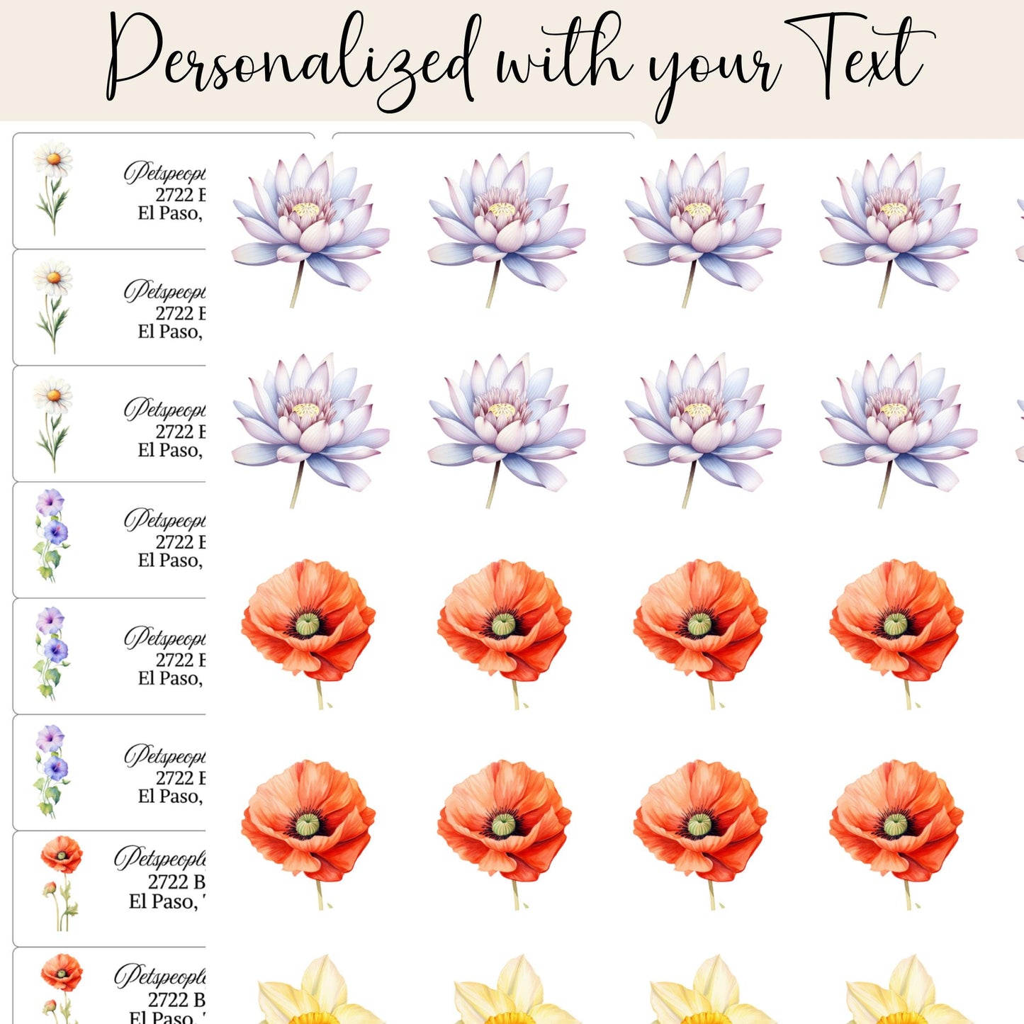 Birth Flower Address Labels with Floral Envelope Seals: Botanical Stickers - The Pawprint Paperie