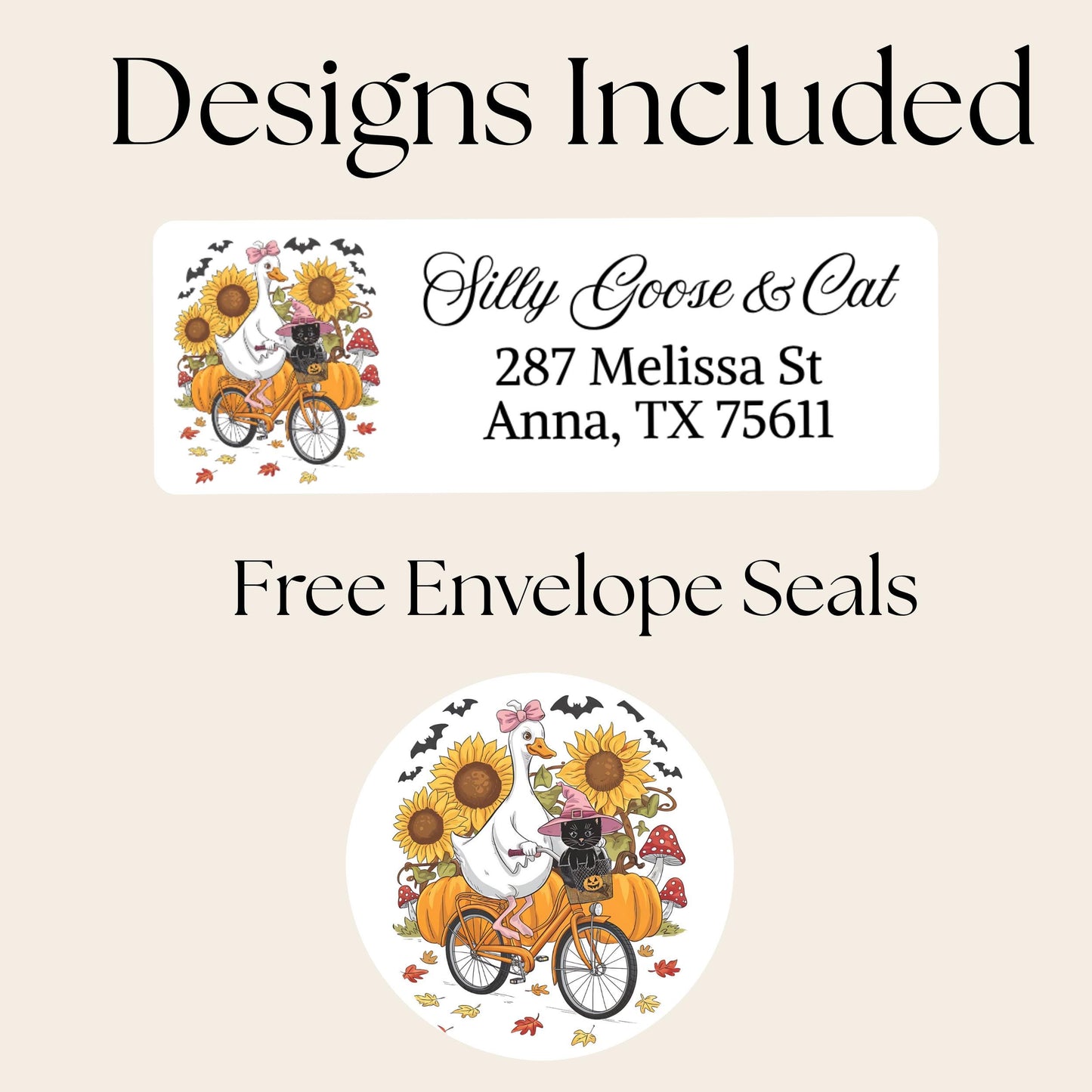 Funny Fall Address Labels: Silly Goose, Cat & Pumpkin Bicycle - Includes Envelope Seals - The Pawprint Paperie