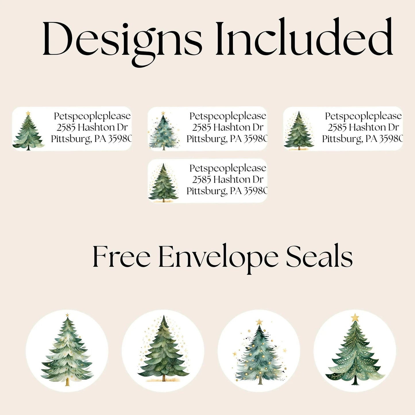Watercolor Christmas Address Labels: Green & Gold Tree with FREE Seals - The Pawprint Paperie