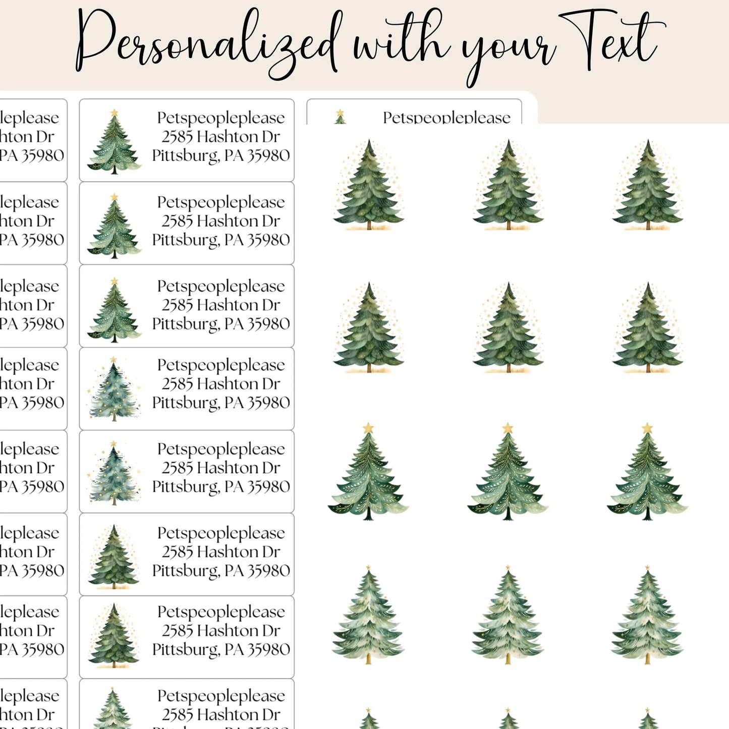 Watercolor Christmas Address Labels: Green & Gold Tree with FREE Seals - The Pawprint Paperie