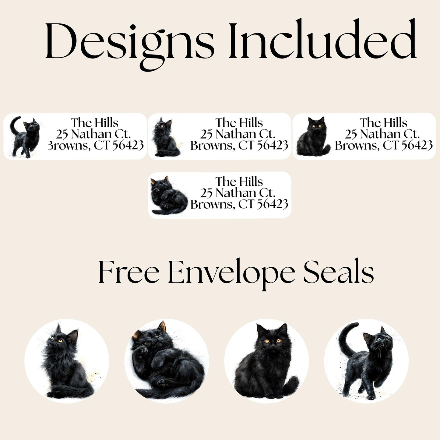 Black Cat Return Address Labels FREE Envelope Seal Stickers a gift for cat lovers - The Pawprint Paperie