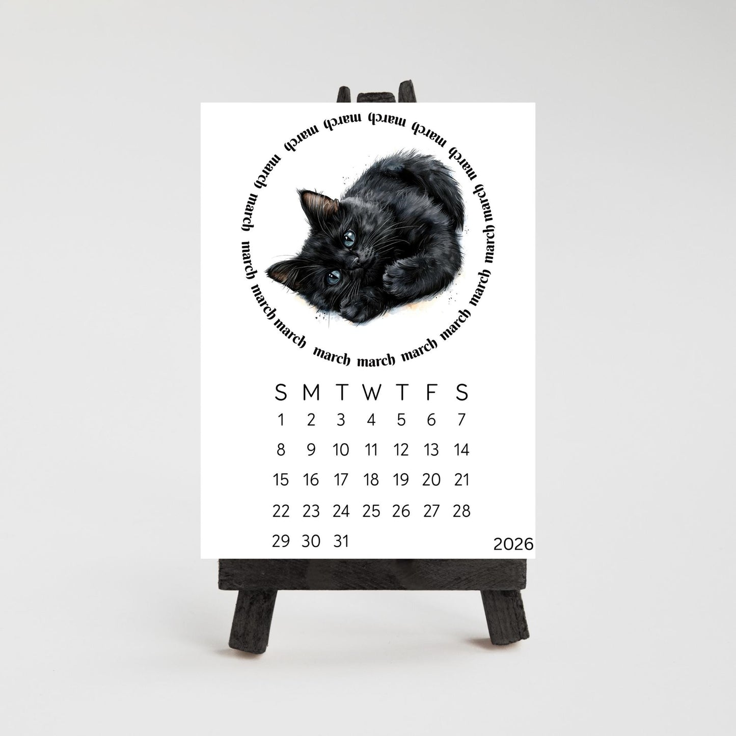 2026 Cute Black Cat Mini Desk Calendar – 3.3" x 4.5" Laminated, Optional Wood Easel Stand, Cat Lover Gift, Small Desktop Office Decor - The Pawprint Paperie