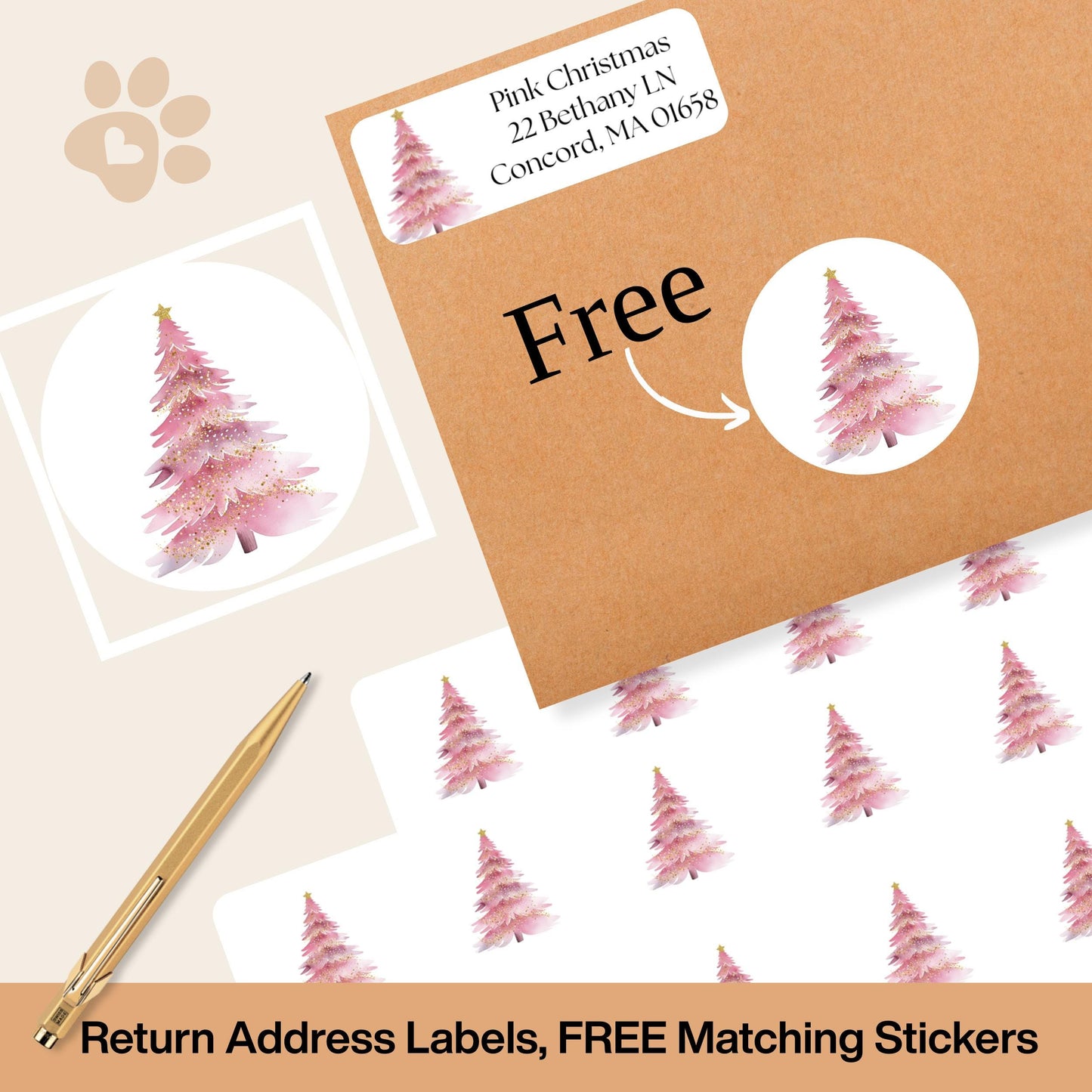 Pink & Gold Christmas Tree Return Address Labels: Complete with FREE envelope seal stickers - The Pawprint Paperie