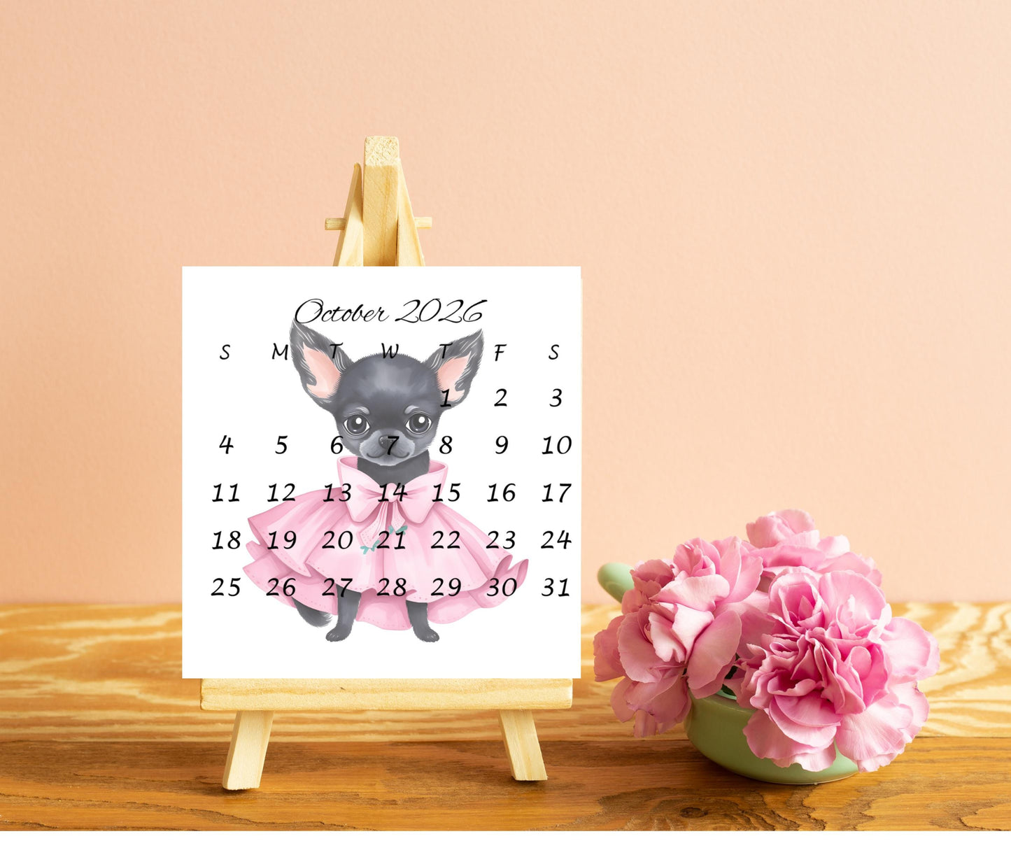 2026 Chihuahua Calendar, Mini Calendar for Small Desk Space, Optional Wood Display Stand, Special Gift for Chihuahua Mom, Cute Dog Calendar - The Pawprint Paperie