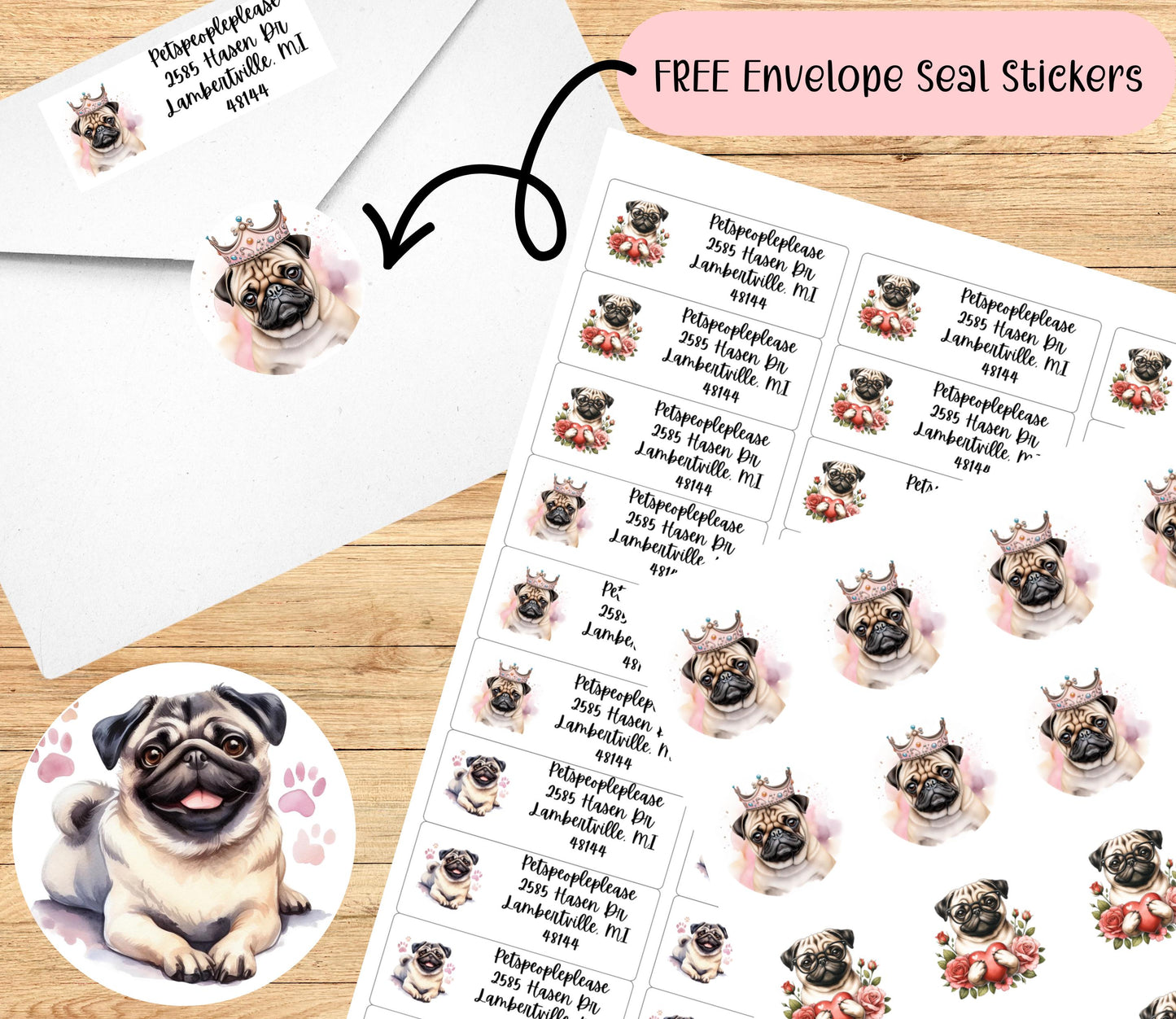 Cute Pug Return Address Labels with FREE Envelope Seal Dog Stickers. The perfect gift for the Pug mom - The Pawprint Paperie